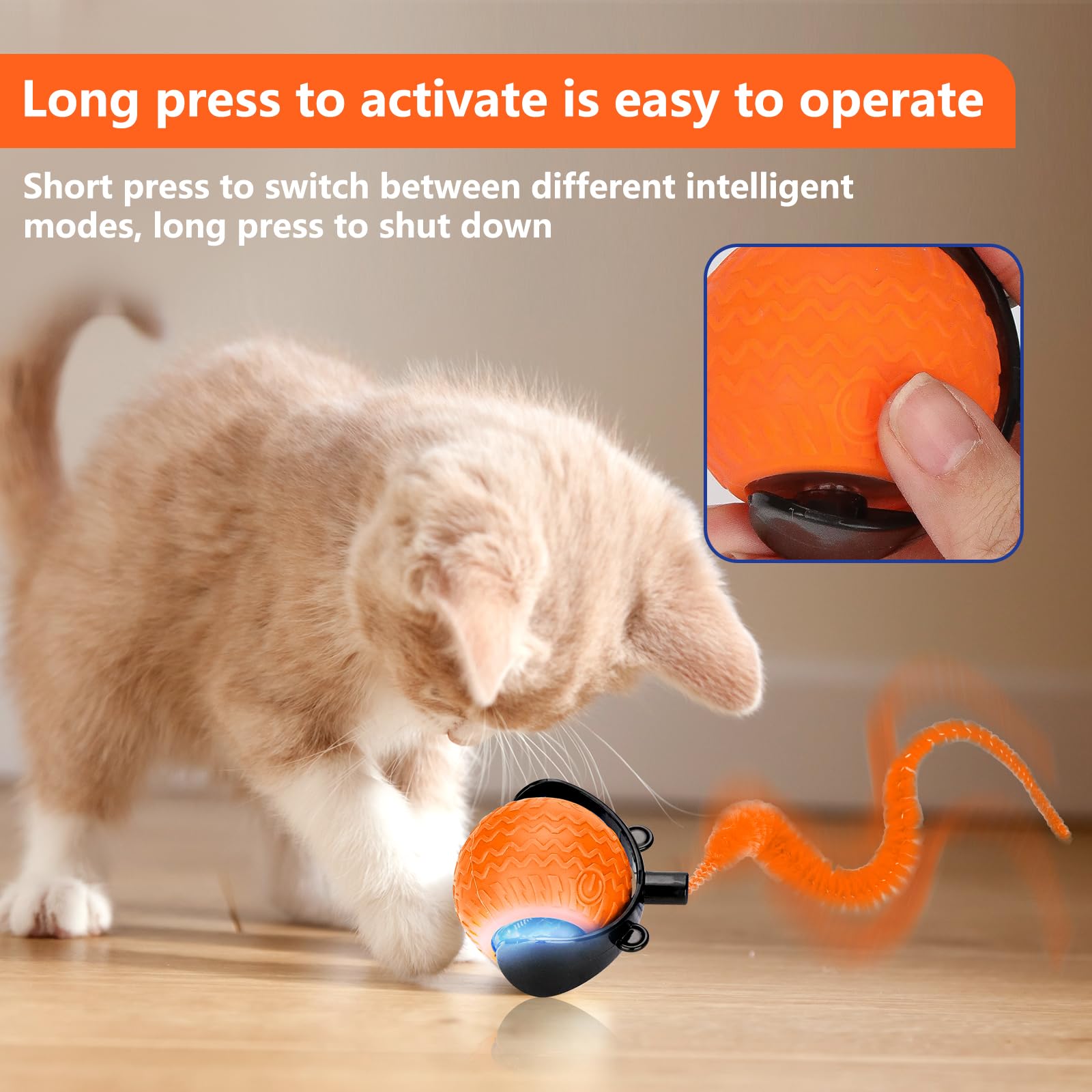 wokdsbl Speedy Tail 2.0 Smart Ball, Interactive Electric Cat Toy with Tail, USB Rechargeable, 3 Play Modes (Fast, Slow - Image 2
