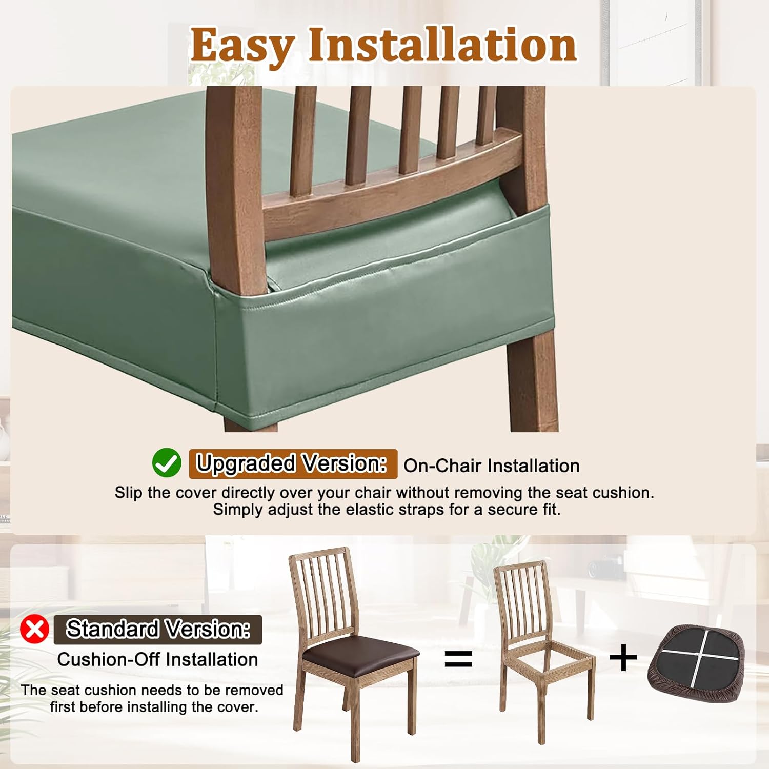 Dioxide Chair Covers Waterproof Pu Leather Seat Covers for Dining Room Chairs Set of 6,Soft Chairs Seat Slipcovers with Anti-Slip Elastic Band Protector Cover Stretch Kitchen Seat Covers(Green)