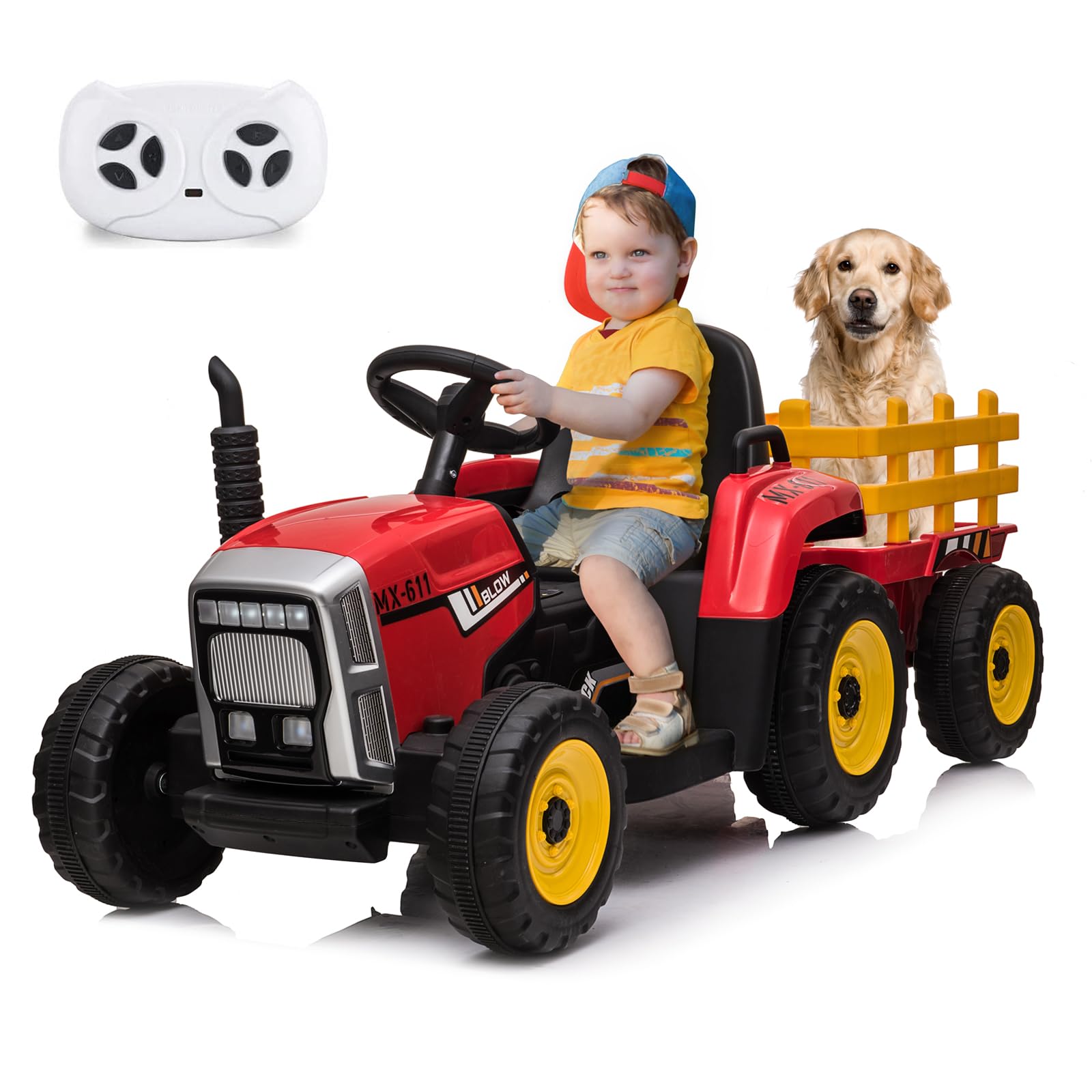 Garvee 12V 7Ah Kids Ride on Tractor with Trailer &amp; Remote Control, 5Mph