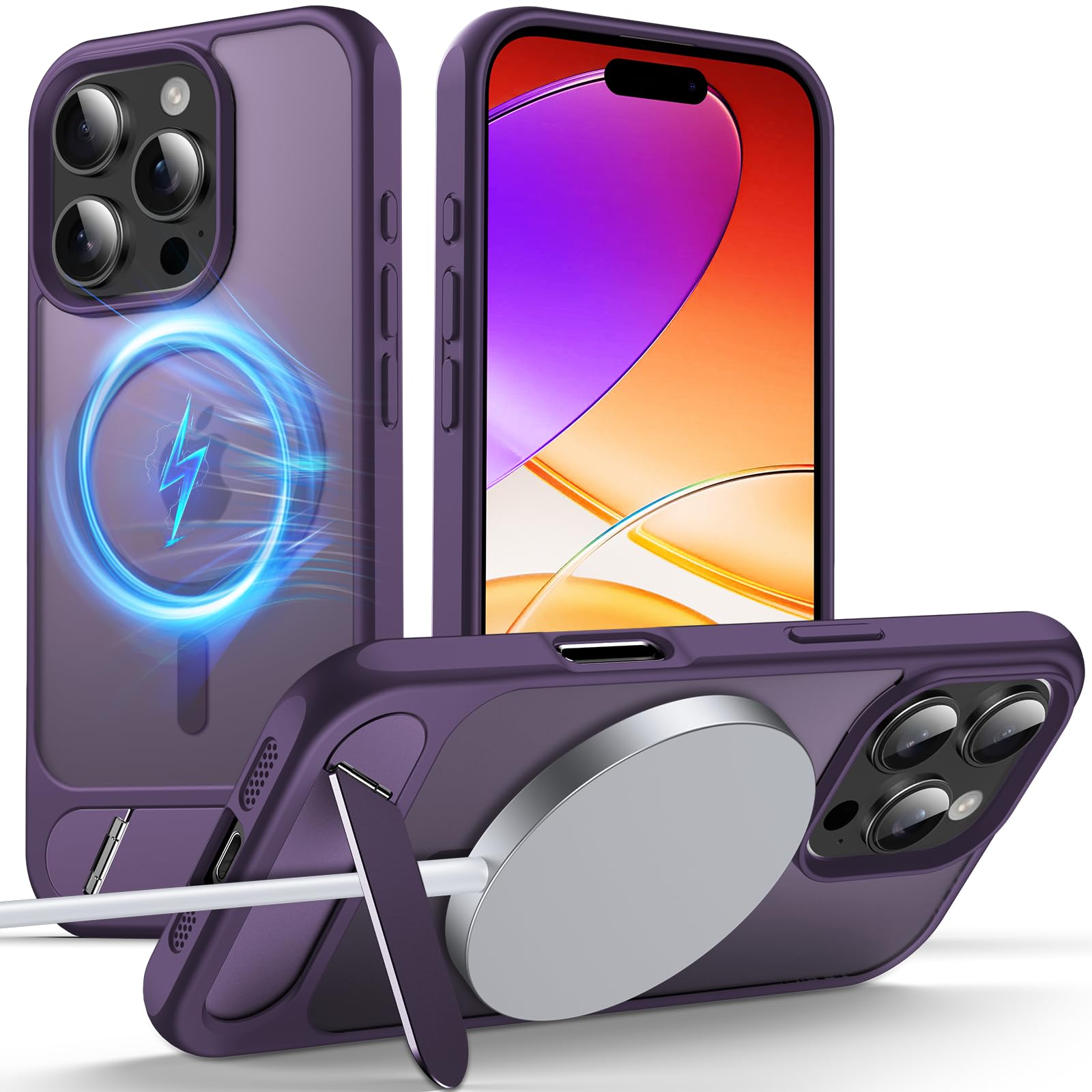 Anqrp Magnetische Hülle für iPhone 16 Pro, Unsichtbarer Ständer, Kompatibel mit Mag-Safe, Stoßfeste Matte Handyhülle mit Militärschutz, Halbtransparente Schutzhülle 6.3", Dunkelviolett