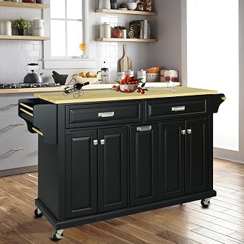 Kitchen Island on Wheels, Kitchen Island Cart With 2 Lockable Casters, 3 Drawers, 2 Cabinets, Spice Rack, Towel Handle, Adjustable Shelves & Thicker Spacious Top, Rolling Trolley Storage Cabinet black