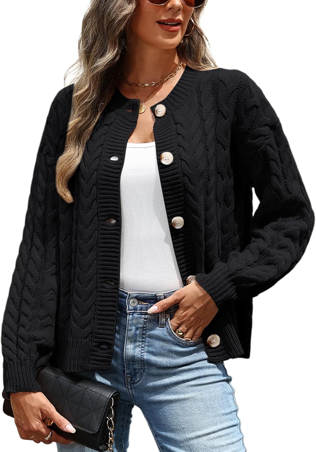 VIMPUNEC Fall Cardigan Sweaters for Women Casual Cable Knit Button Down Jackets Long Sleeve Open Front Outwear Coats