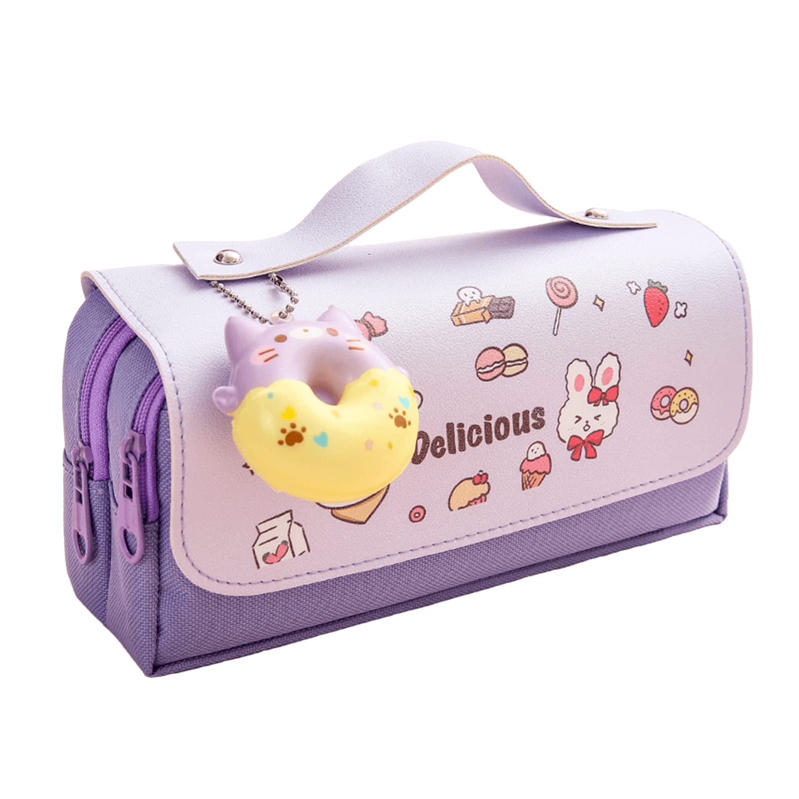 Kawaii Estuche para lápices, bonito anime, con colgante de esponja de dona, para aliviar el estrés, diseño estético, dibujos animados, organizador de papelería, bolsa para suministros escolares,