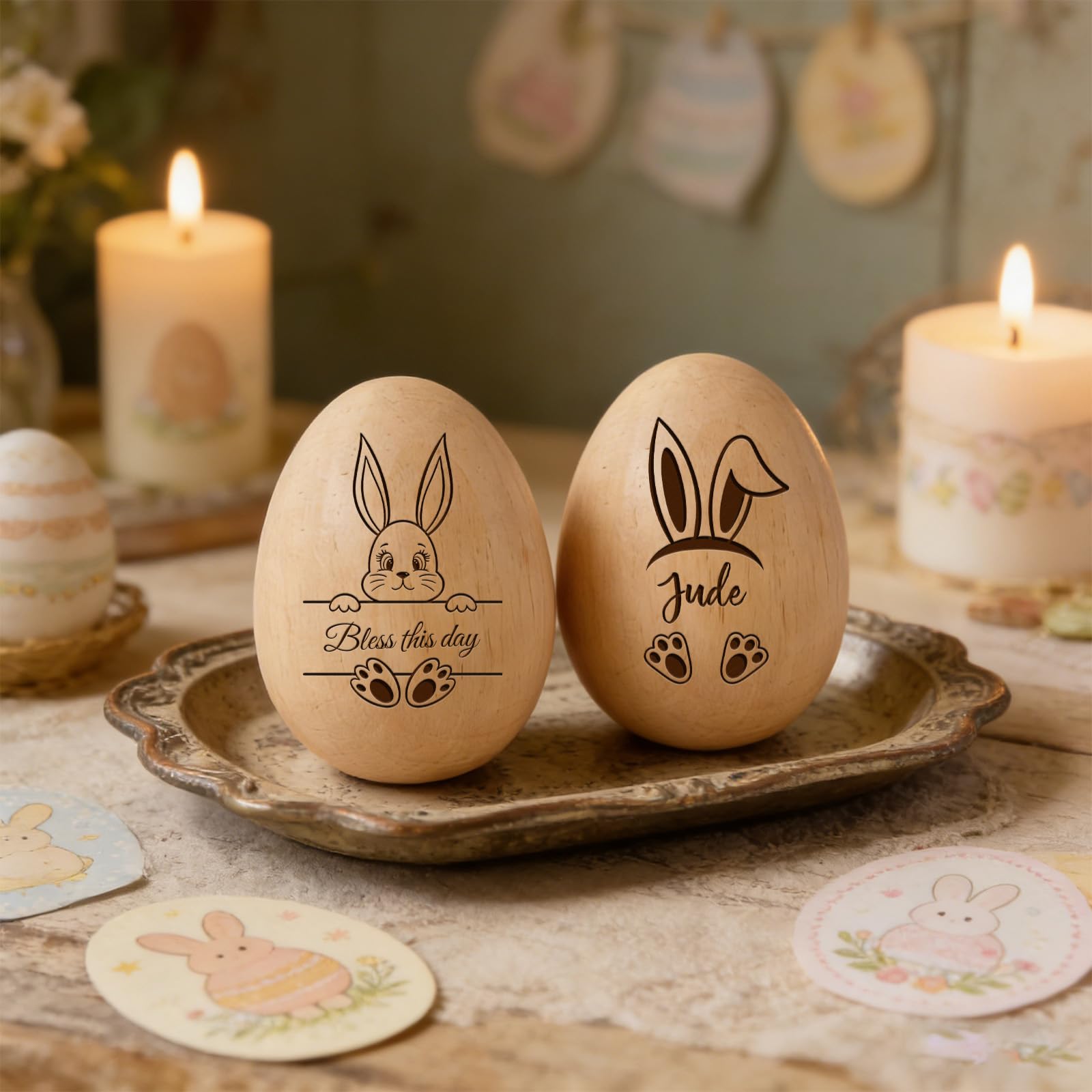 Qsz Easter Eggs - 3 Personalised Musical Easter Egg Shakers 2026 Custom Engraved Wooden Easter Eggs Easter Basket Stuffers Personalised Easter Decor Gifts (Easter Eggs - 3)