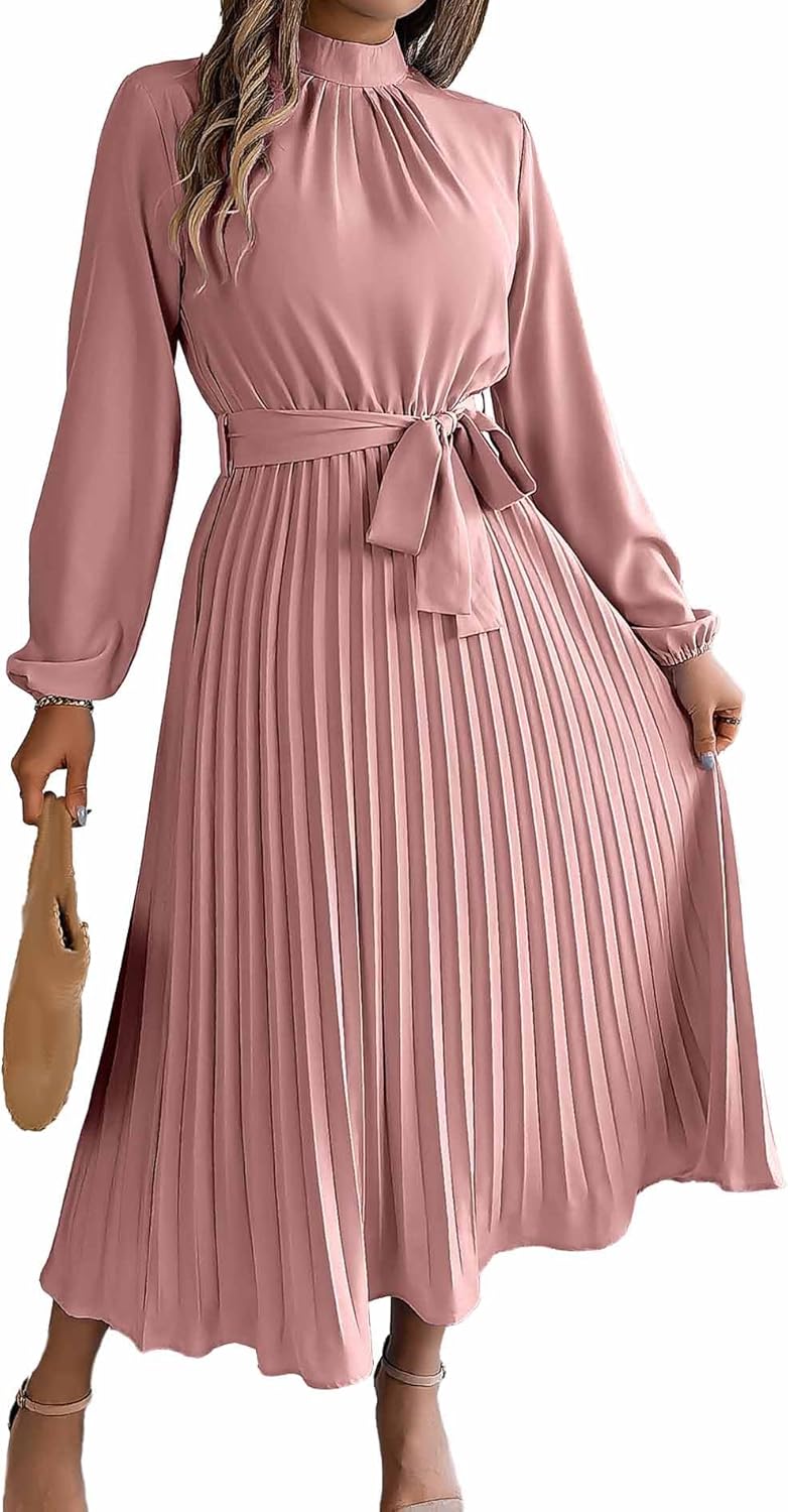Sexyshine Women's Mock Neck Long Sleeve Pleated Chiffon Long Dress High Waist Belted Flowy A Line Cocktail Party Dress