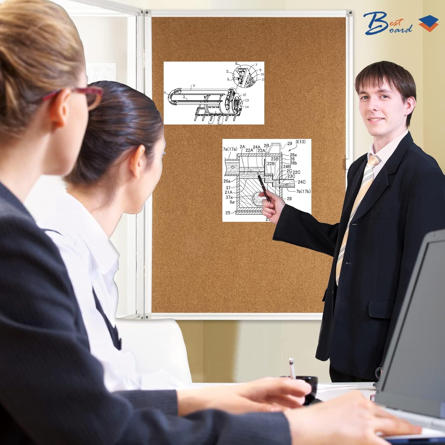 Pinboard Enclosed Bulletin Board 36 × 24 Inches Lockable Cork Noticeboard for School Office, Wall Display Case with Lock (Cork Board)