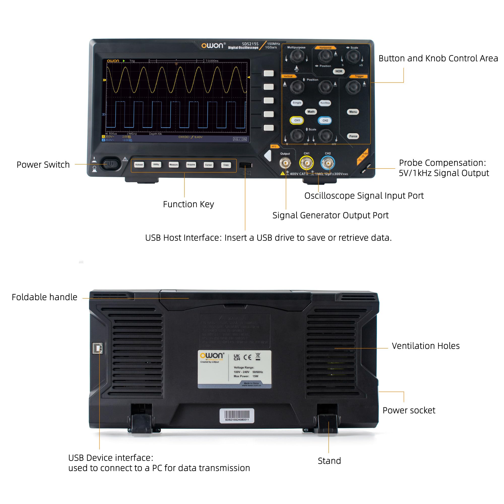 SDS215S OWON oscyloskop 2 + 1 kanał, szerokość pasma 150 MHz, oscylograf stołowy ze źródłami sygnału 25 MHz, obsługuje 30 automatycznych pomiarów kształtu fali (2+1CH/150 MHz/SDS215S)