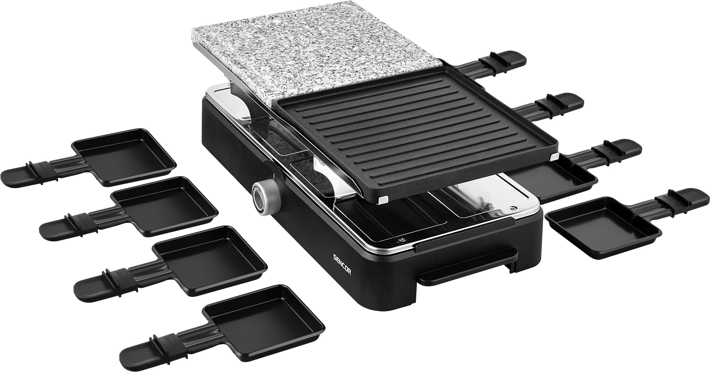 Sencor Appareil à Raclette Multifonctions Puissant, EasyClean, Professionnel 1400W, pour 8 personnes, pour fromage, Fondue, Grill et Pierre, Température réglable, Accessoires complet