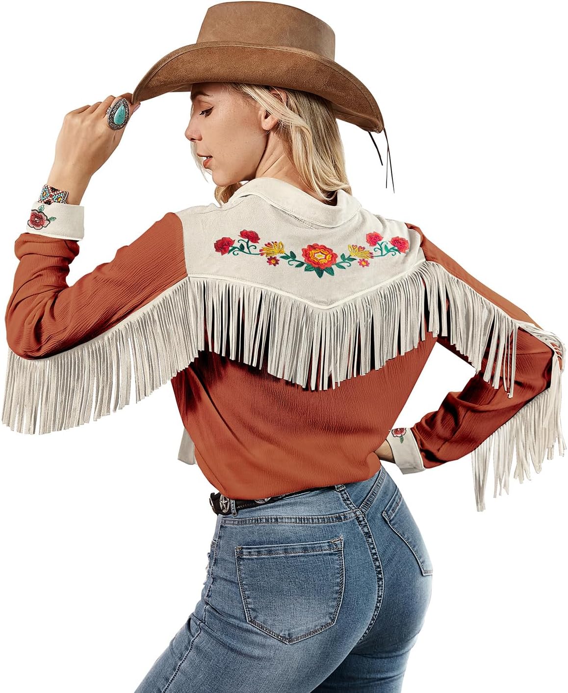 JOHN MOON Womens Fringe Western Long Sleeve Shirts Floral Embroidered Cowgirl Button Down Shacket Blouse Country Rodeo Outfit - Image 2