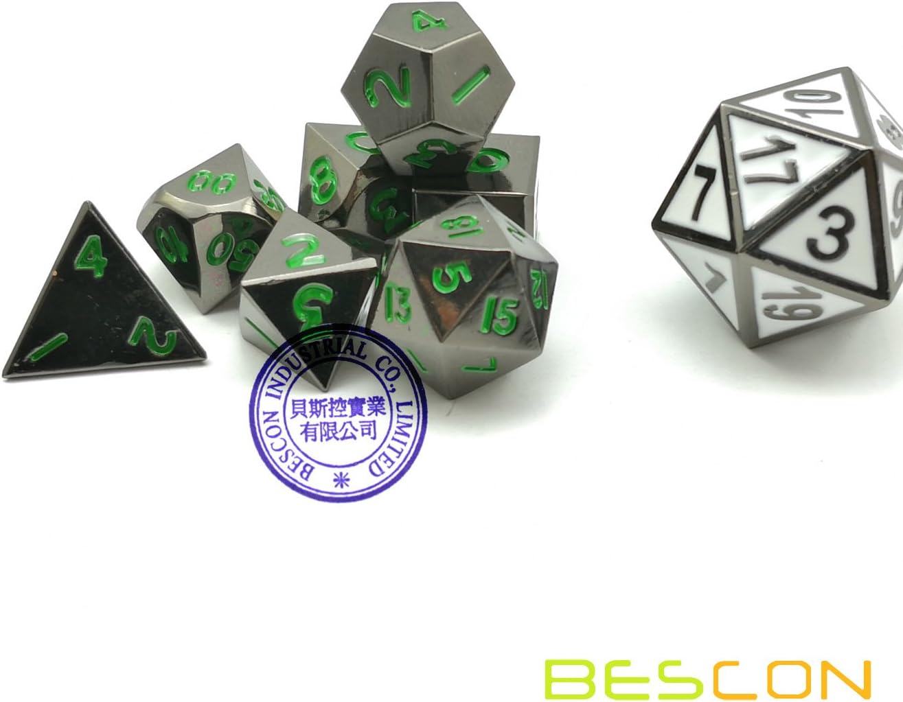 Bescon 10MM Mini Solid Metal Dice Set Glossy Metallic Surface with Green Numbers, Mini Metal Polyhedral D&D RPG Miniature Dice 7-Set