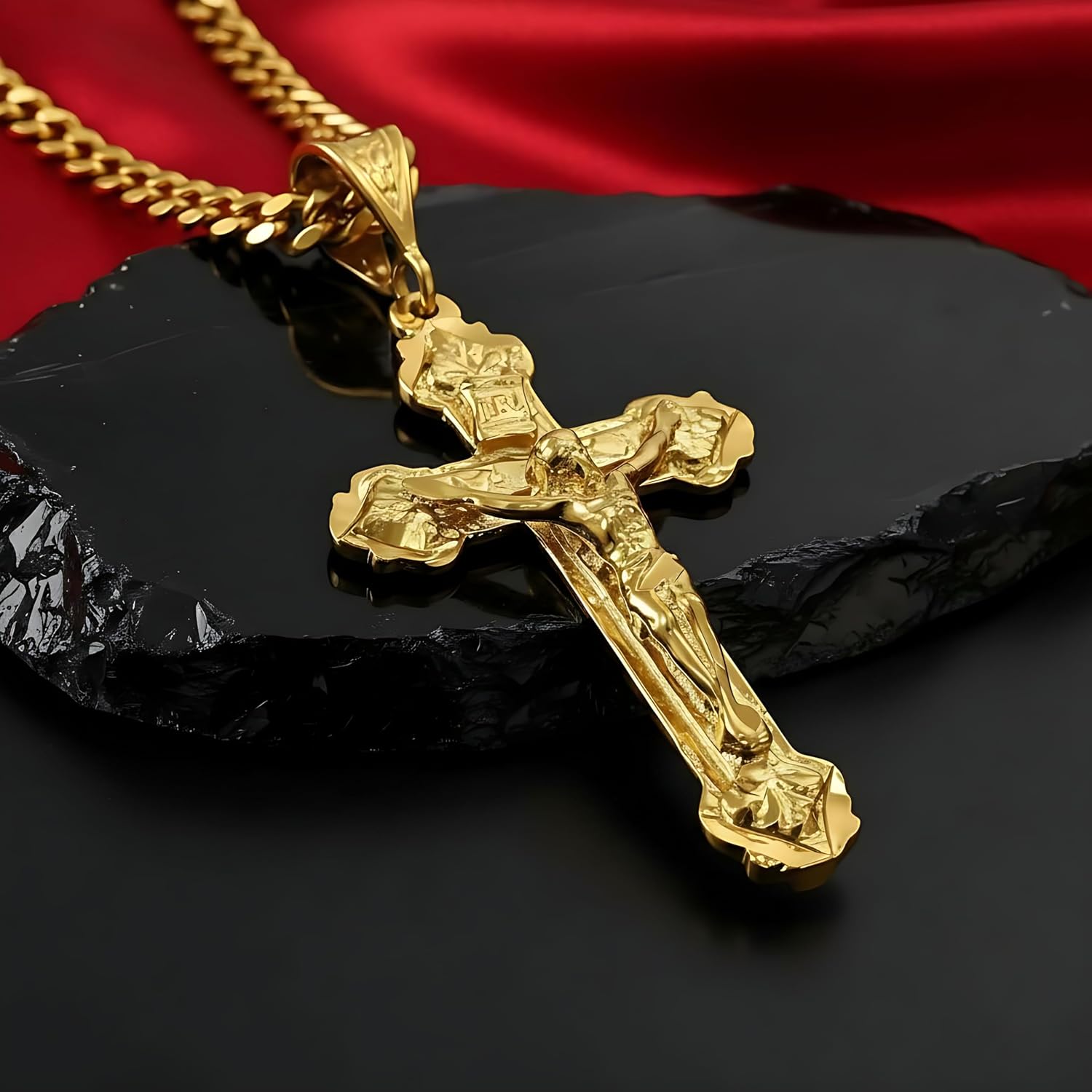 LIFETIME JEWELRY Large Crucifix Cross Necklaces for Women & Men 24k Real Gold Plated with 20 Inch Curb Link Chain
