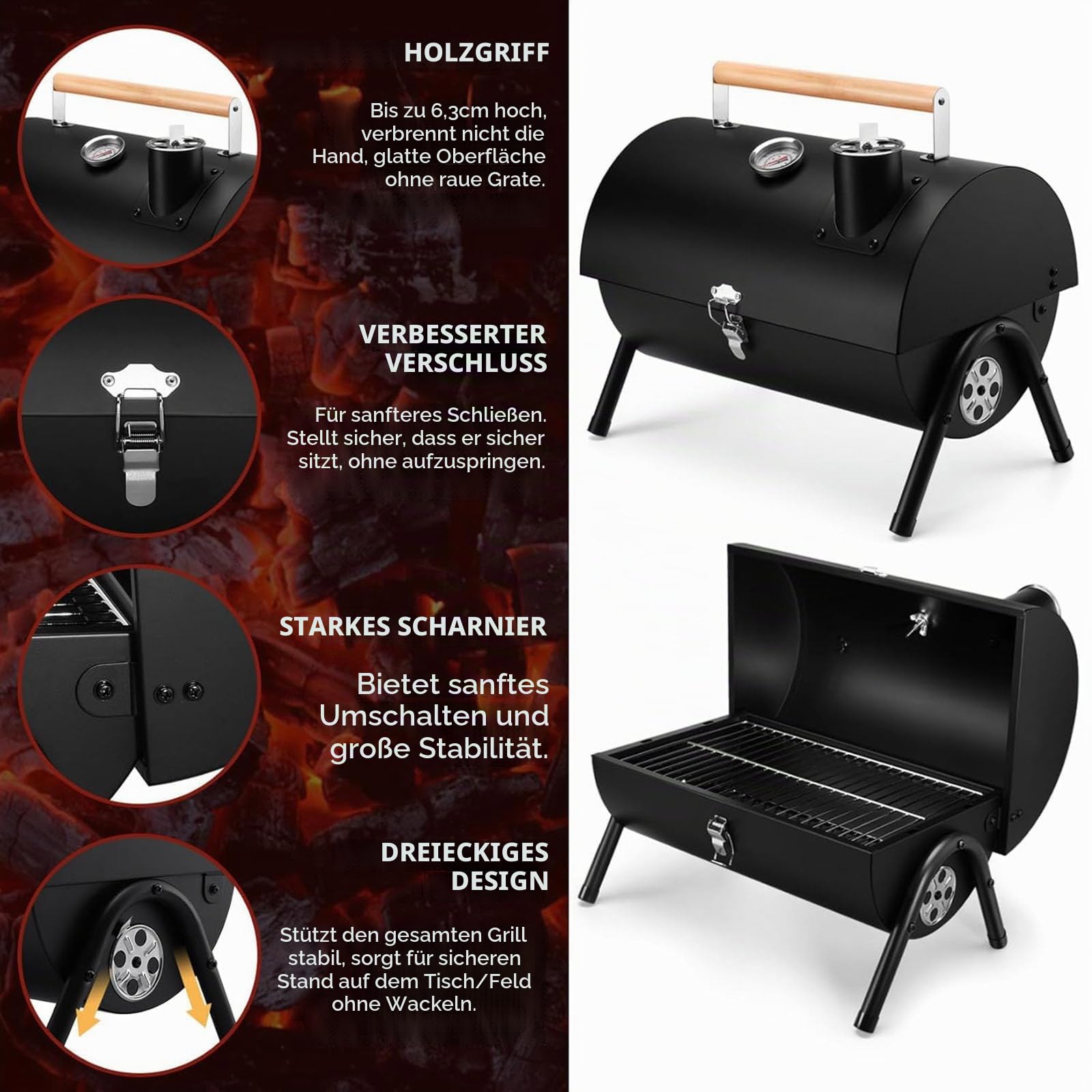 Tragbarer Holzkohlegrill mit Deckel und Thermometer, Tischgrill | Kompakter Tischgrill für 1-3 Personen mit 34 × 22 cm Grillfläche, 0–350 °C Thermometer und Luftregulierung