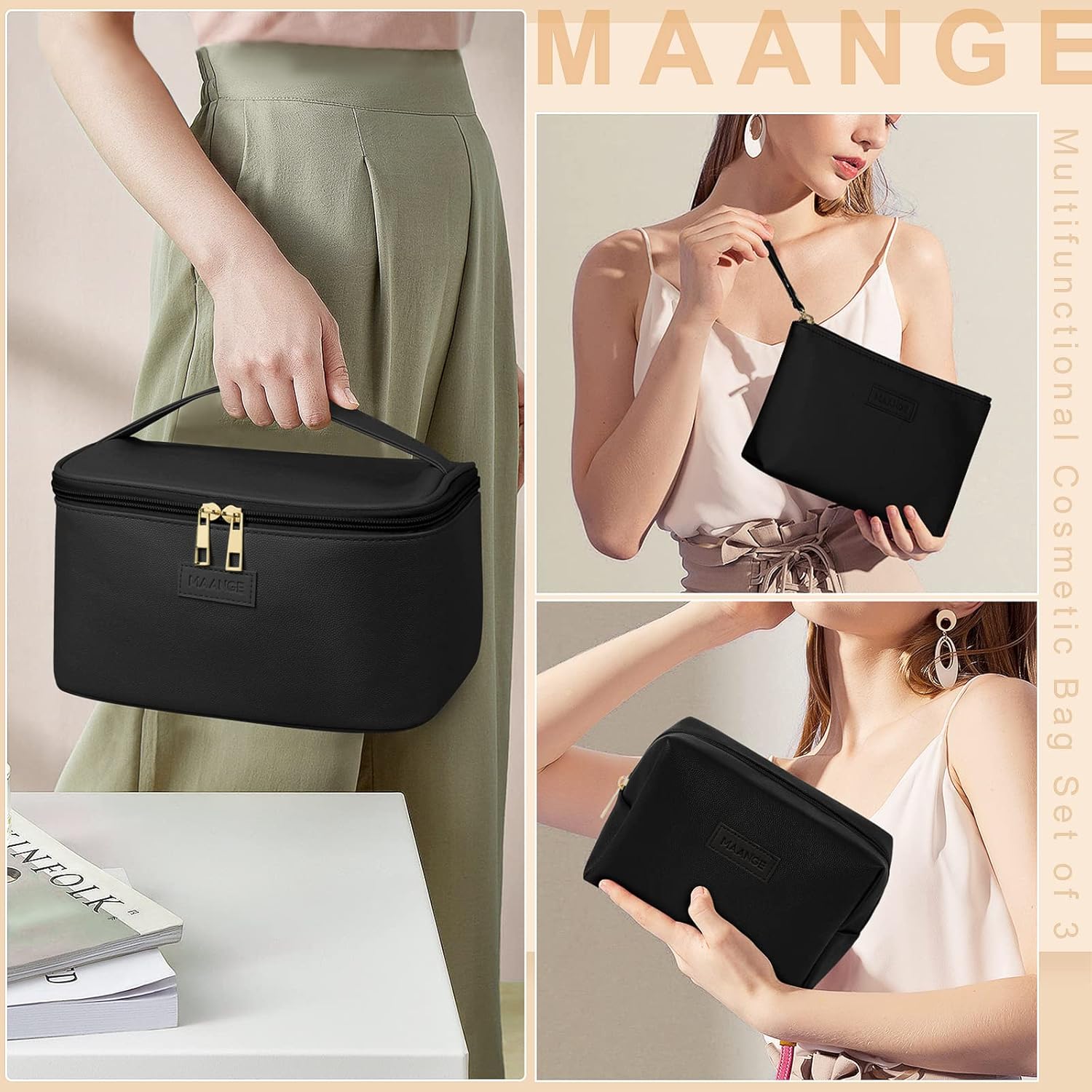 MAANGE Makeup Bag - Large Cosmetic Bag with 2pcs Small Makeup Bags Portable Leather Travel Makeup Bag Set Toiletry Bag Make Up Bags for Women and Girls (Black) - Image 2