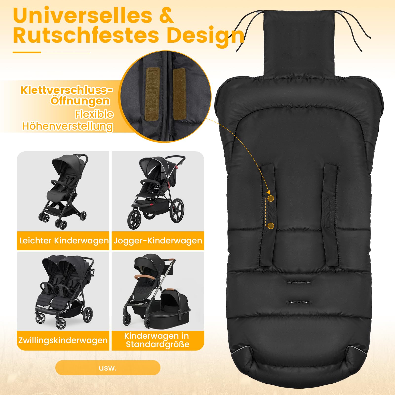 Orzbow Fußsack Kinderwagen Winter, Polar Fleece, Reißverschluss, Reflektorstreifen, Wasserdicht, Maschinenwaschbar, Schwarz