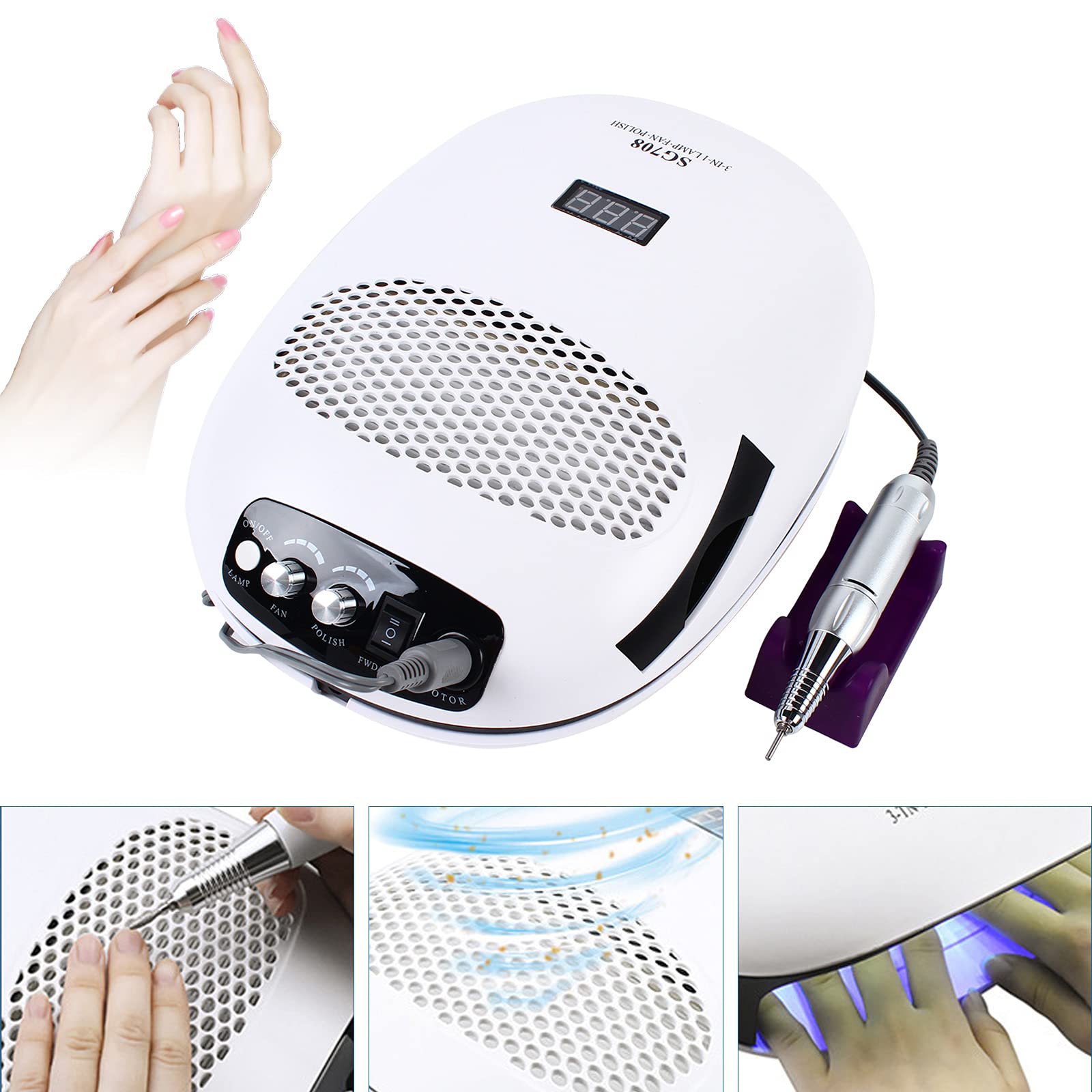 Multifunktionale Nagellampe LED-Nagellampe 140 W 35.000 U/min Staubabsaugung 6 Schleifköpfe 0-99 Sek. Timer für Nagelstudios und Heimanwender