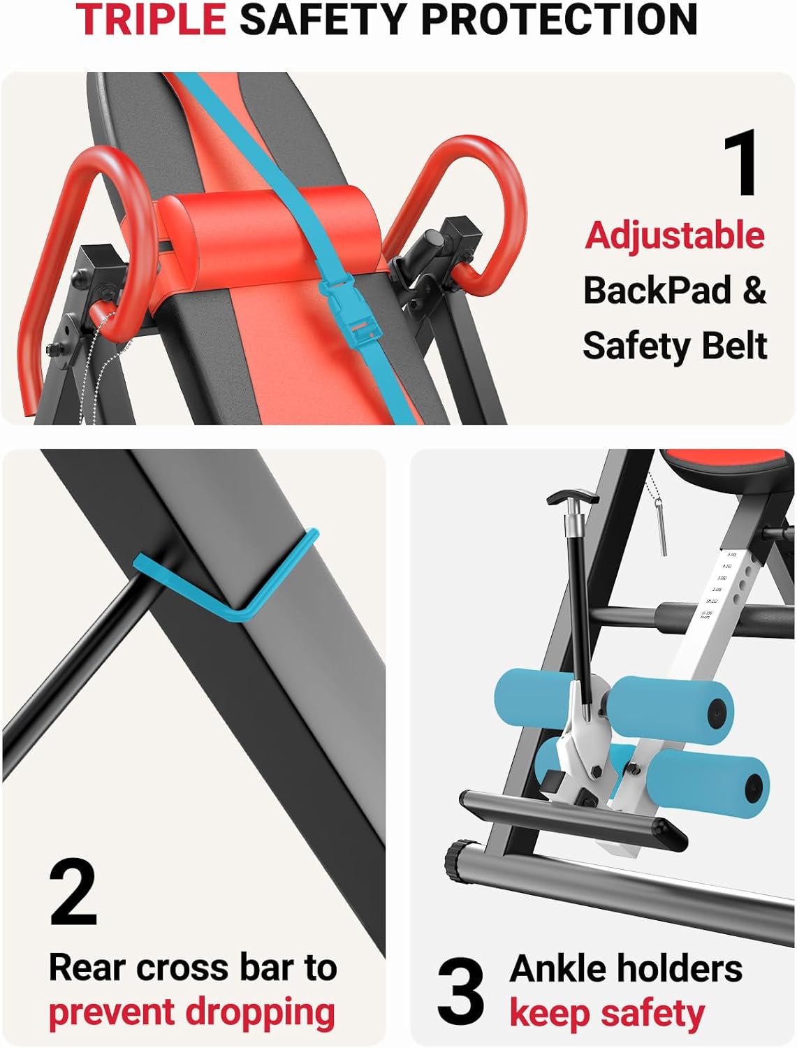 Close-up of the Dripex Inversion Table's ankle holders and safety belt, demonstrating triple safety protection.