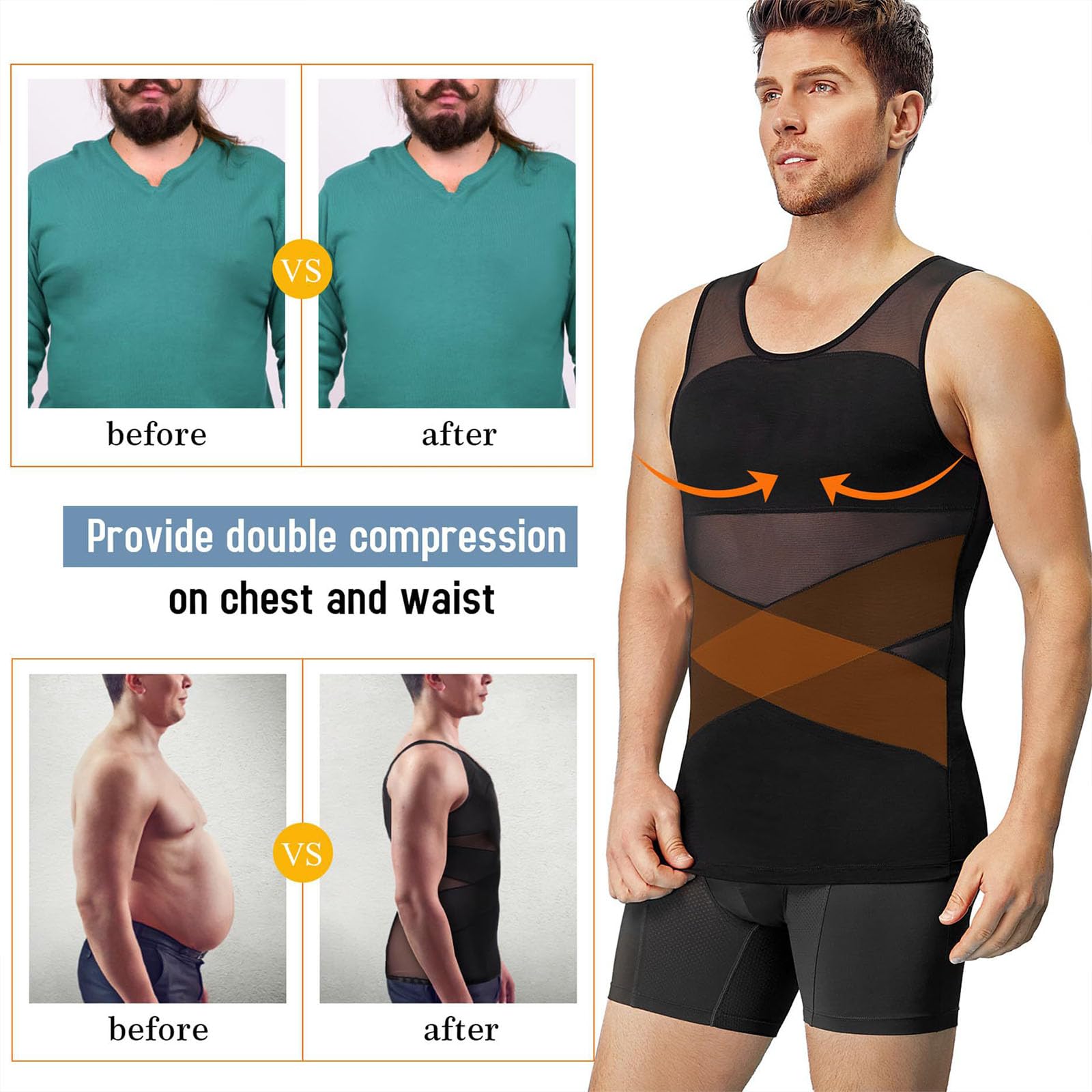 SculptBody Shaper Vest 2.0 Double Compression Homme Amincissant Ventre Vest Top 360° 3D Shaper Vest Top Compression Shirt Homme pour un look plus mince