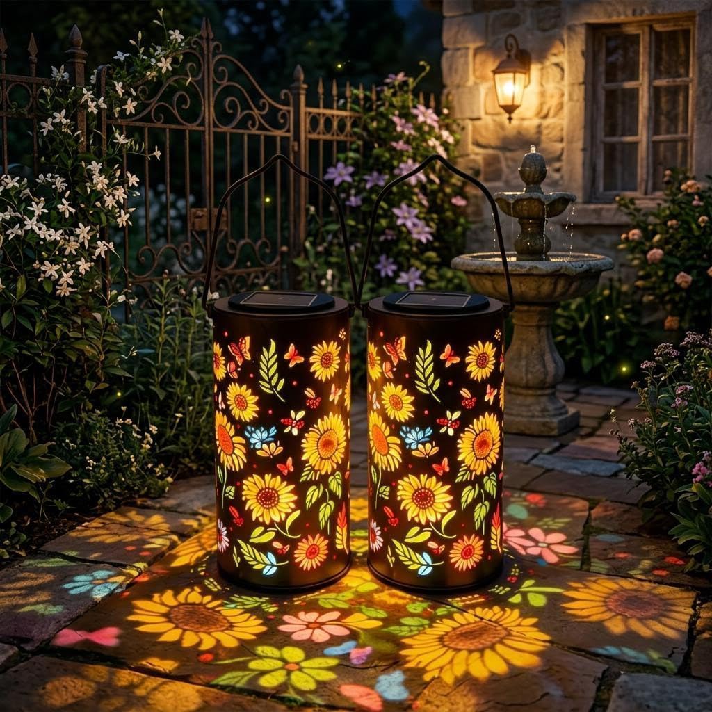 HoldOneLight Hanging Solar Lantern – Sunflower Metal Design with Colourful Projection – Waterproof Outdoor Light for Garden, Yard, Patio & Porch (Black2)