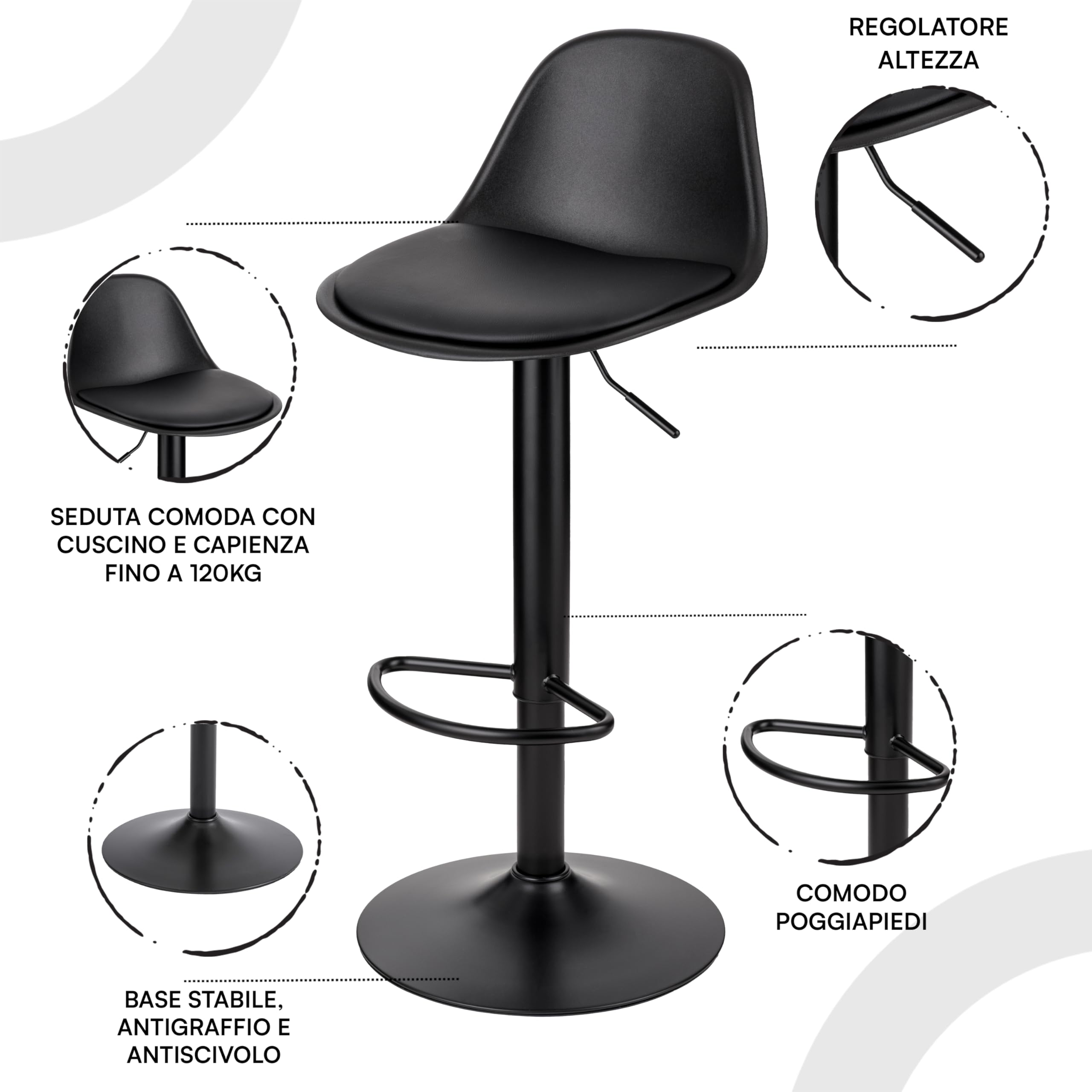 Baroni Home Sgabello Girevole con Schienale e Cuscino, Altezza Regolabile e Poggiapiedi, Fondo Antigraffio, Ideale per Sala da Pranzo, Ristorante, Nero, 1 Pezzo, 40x40x80-104 cm