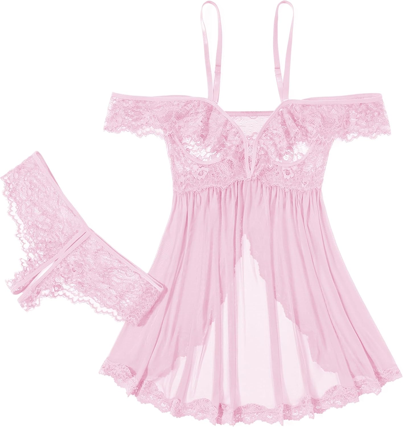 Avidlove Sexy Cut Out Off Shoulder Sheer Mesh Lace Wireless Babydoll Lingerie Dress with Thong 2 Piece