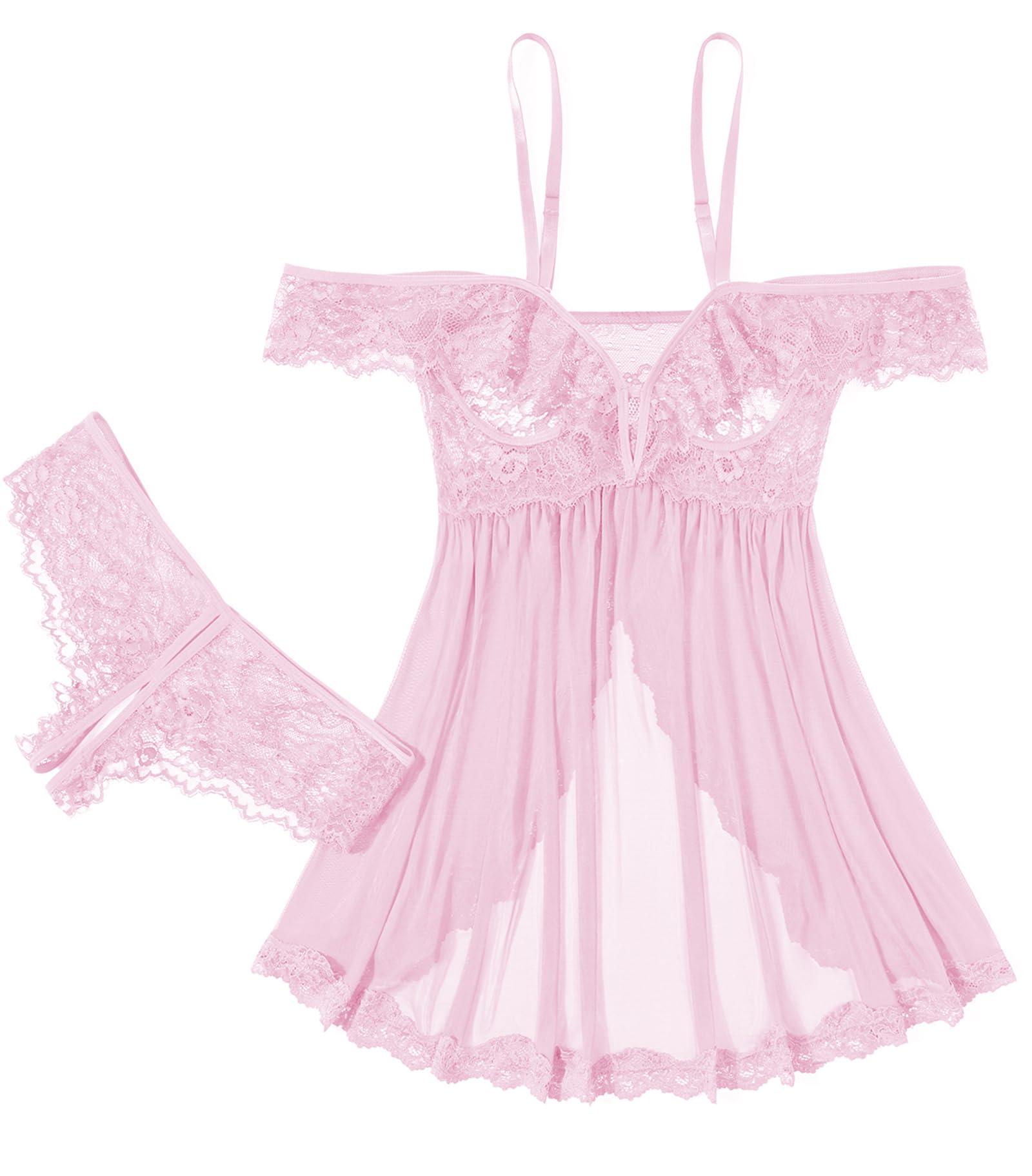 Sexy Cut Out Off Shoulder Sheer Mesh Lace Babydoll Lingerie Dress