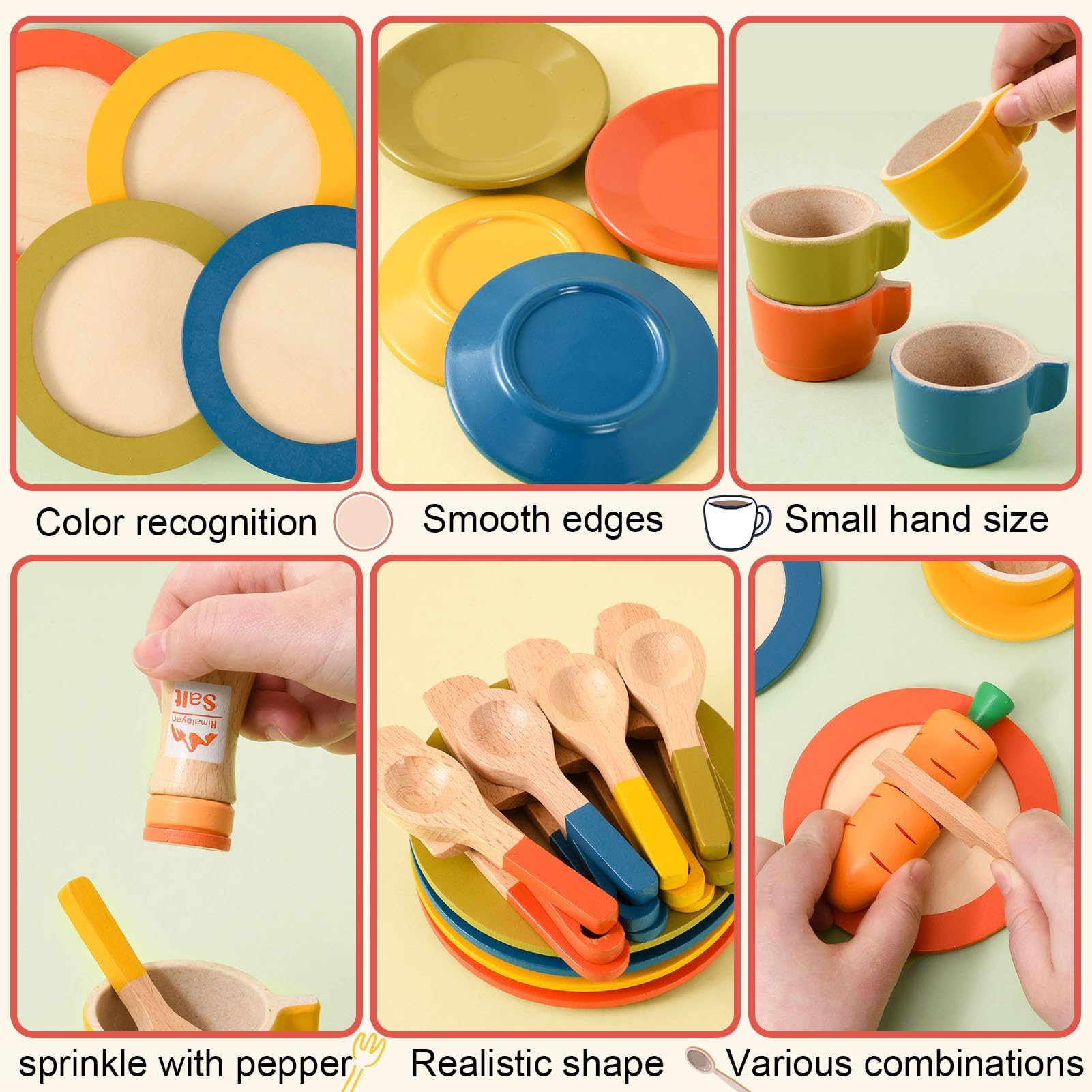 Atoylink Kinderküche Zubehör Holz Geschirr, 26Pcs Puppengeschirr Teller und Küchenutensilien Geschirrset Spielküche Küchenzubehör Kinder Holzspielzeug Geschenk für Mädchen Jungen 3 4 5 6 7 8 Jahre