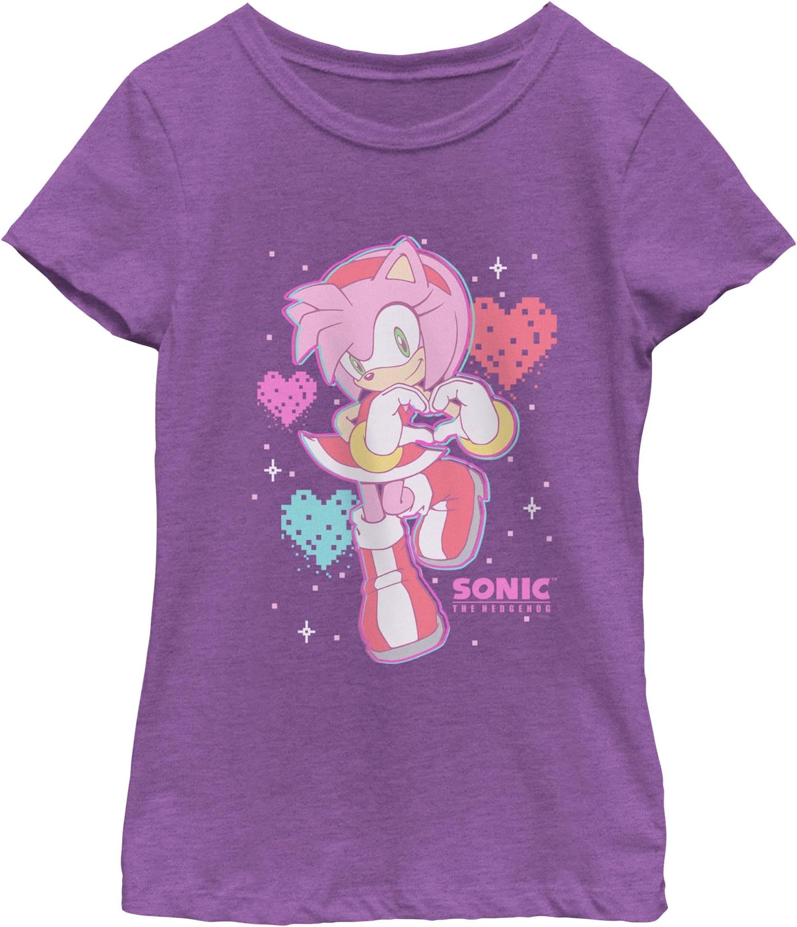 Sonic the Hedgehog - Girl's Amy Rose Shirt - Heart Hands T-Shirt Graphic Pink Tee - Officially Licensed 100% Cotton