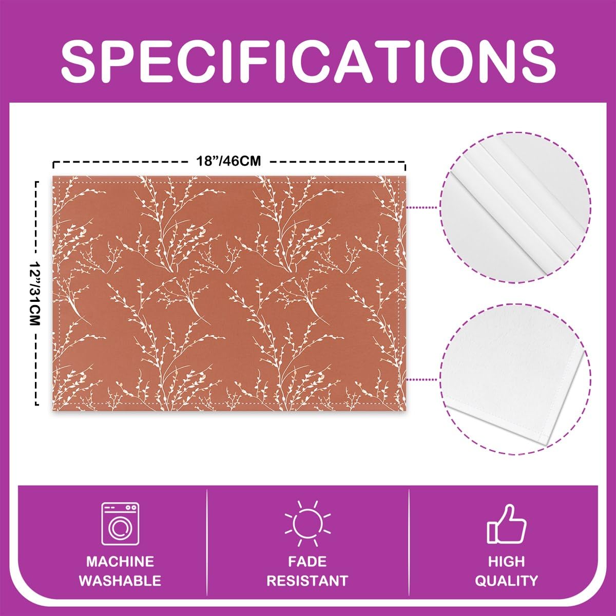 Terracotta Branches Table Place Mats Set 45X30cm Flower Plum Blossom Placemats Set of 4 Decor Leaf Placemat for Kitchen Dining Table Decor Indoor Outdoor - Image 4