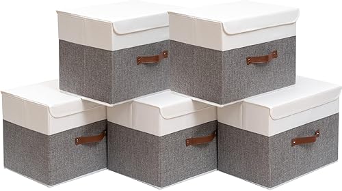 OUTBROS Cajas de almacenamiento plegables con tapas, organizador grande de tela de lino, organizadores de armario para almacenamiento de ropa,