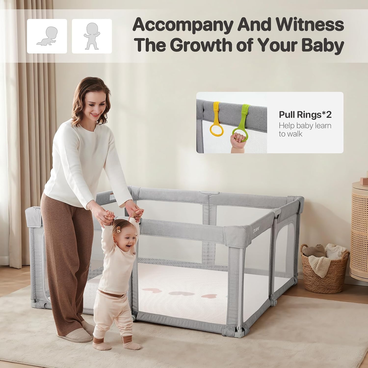 Foldable Baby Playpen,Portable Indoor & Outdoor Playpen for Babies and Toddlers,59”x79”Extra Large Play Pen with Gate,Collapsible Baby Fence with Travel Bag(Cationic Light Grey)