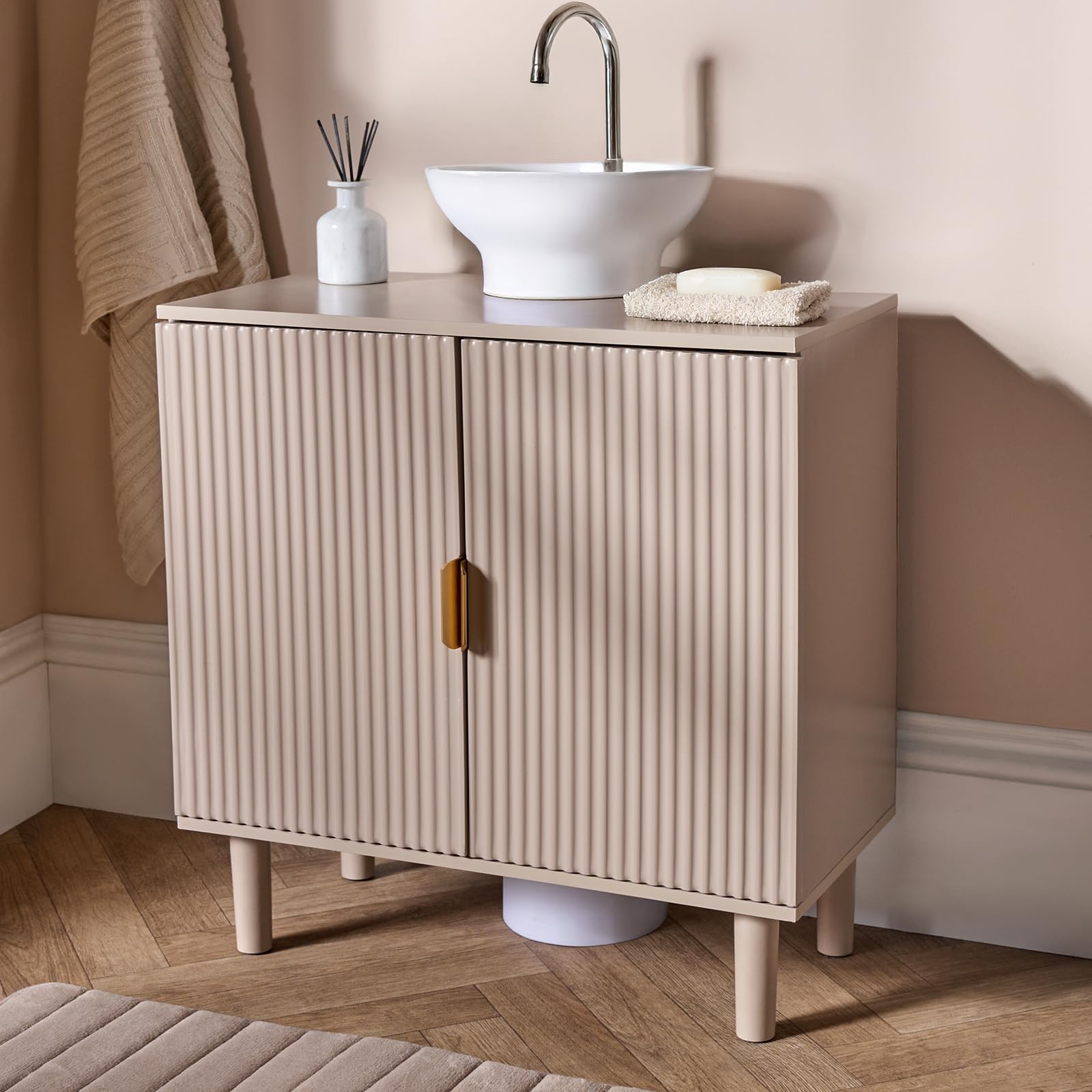 OHS Ribbed Under Sink Bathroom Cabinet, Free Standing Wooden Under Basin Unit Cupboard Storage Cabinet with 2 Doors & Shelf Bathroom Sink Cabinet with Feet, Taupe - 60 x 30 x 61cm