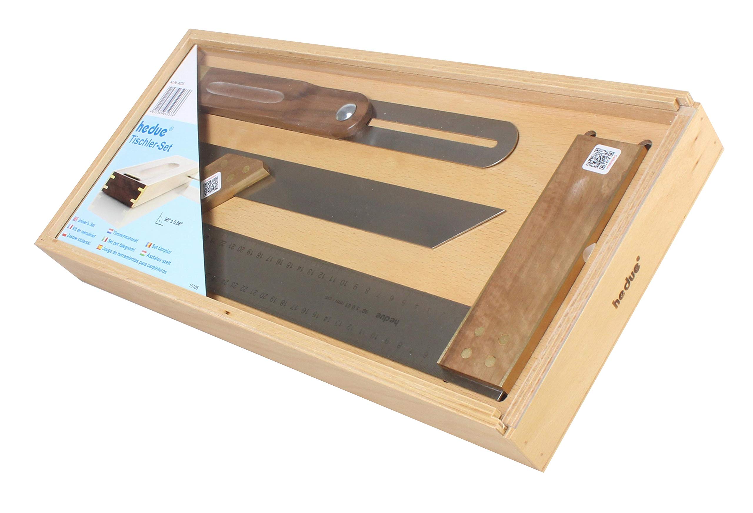 set de utensilios de carpintero en caja de madera - set de 3 piezas con escuadra de carpintero, falsa escuadra y escuadra a 45/135°.