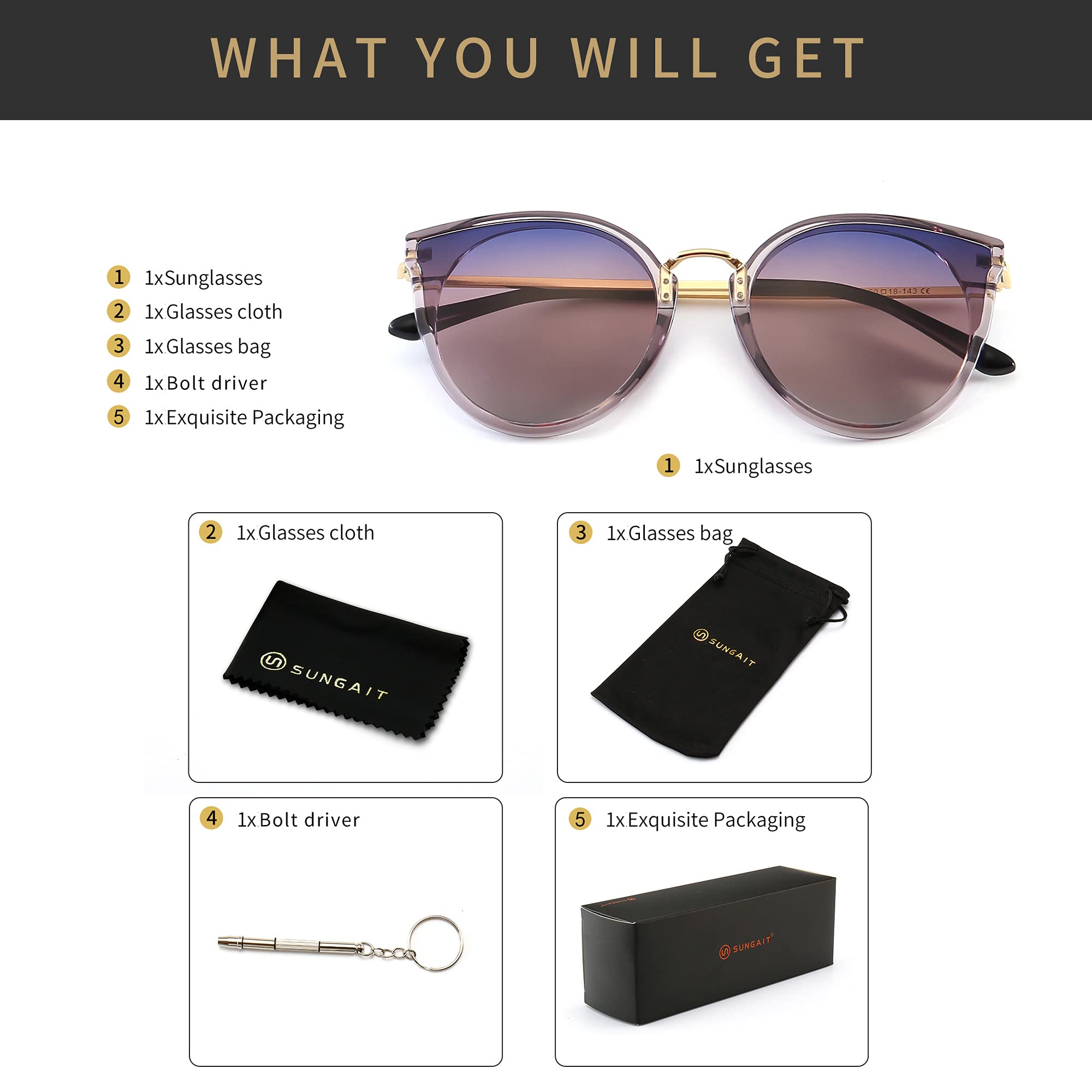 Gafas de sol polarizadas para mujer estilo vintage ojo de gato UV400, Talla libre 6