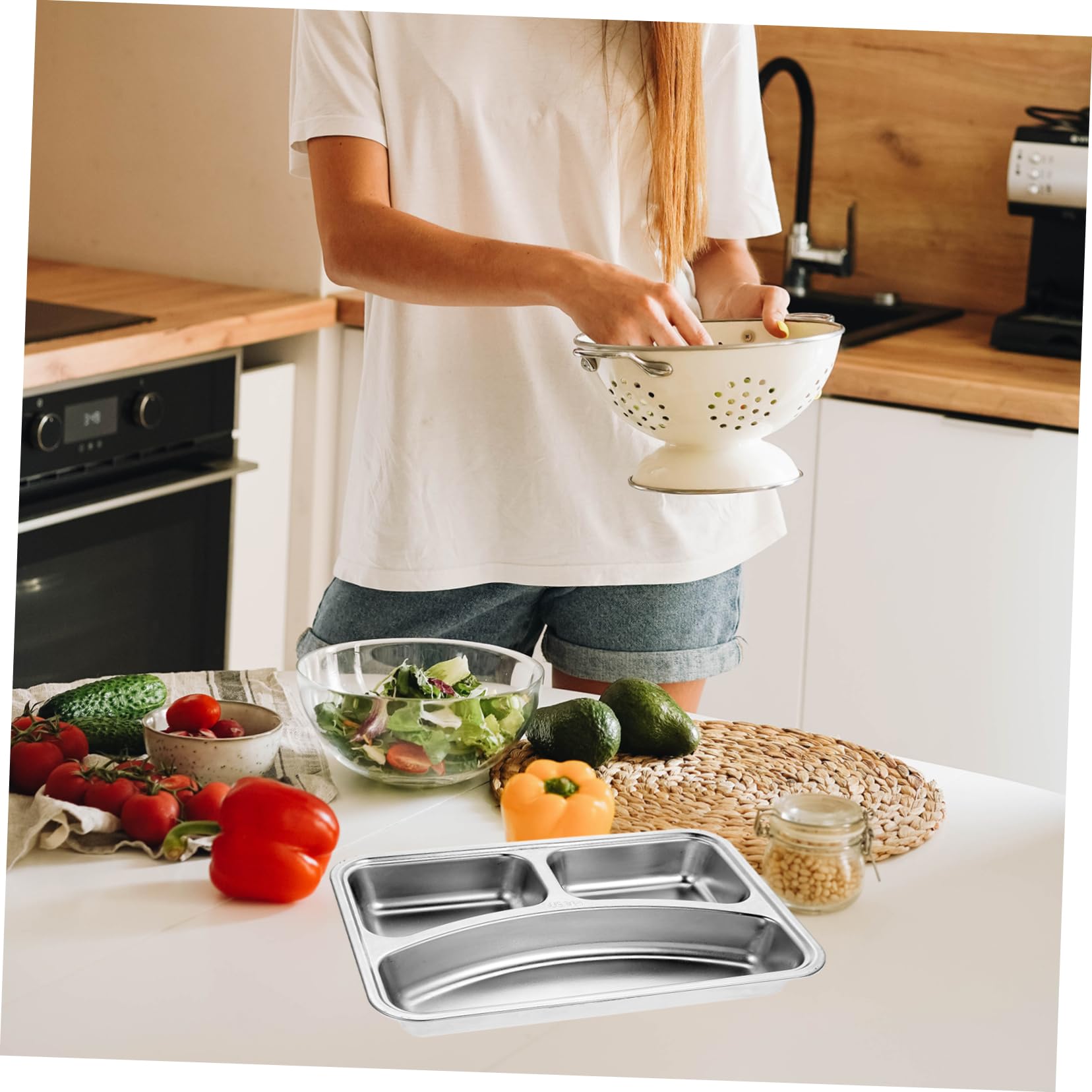 BEBEMOKO 304 Stainless Steel Grid Plate Thickened Tableware Divided Food Serving Tray Bento Plate for Adults Easy to Clean