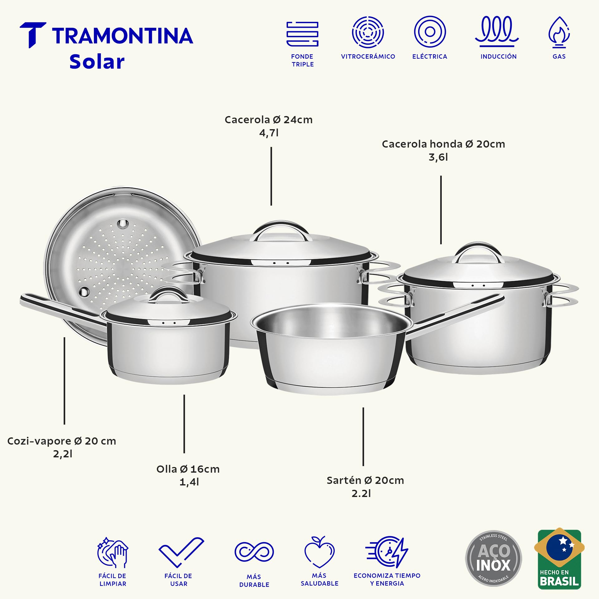 Tramontina Set di Pentole Solar in Acciaio Inox con Fondo Triplo 5 Pezzi
