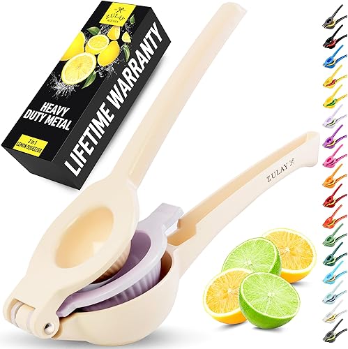 Zulay Kitchen Exprimidor de limón 2 en 1 de metal, exprimidor de mano de extracción máxima resistente, exprimidor de limón que recibe hasta la