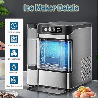 Nugget Ice Maker, Electric Pellet Ice Machine with Side Water Tank, One-Click Operation, Ideal for Home, Kitchen, Office and Bar, Perfect for Iced Tea and Coffee