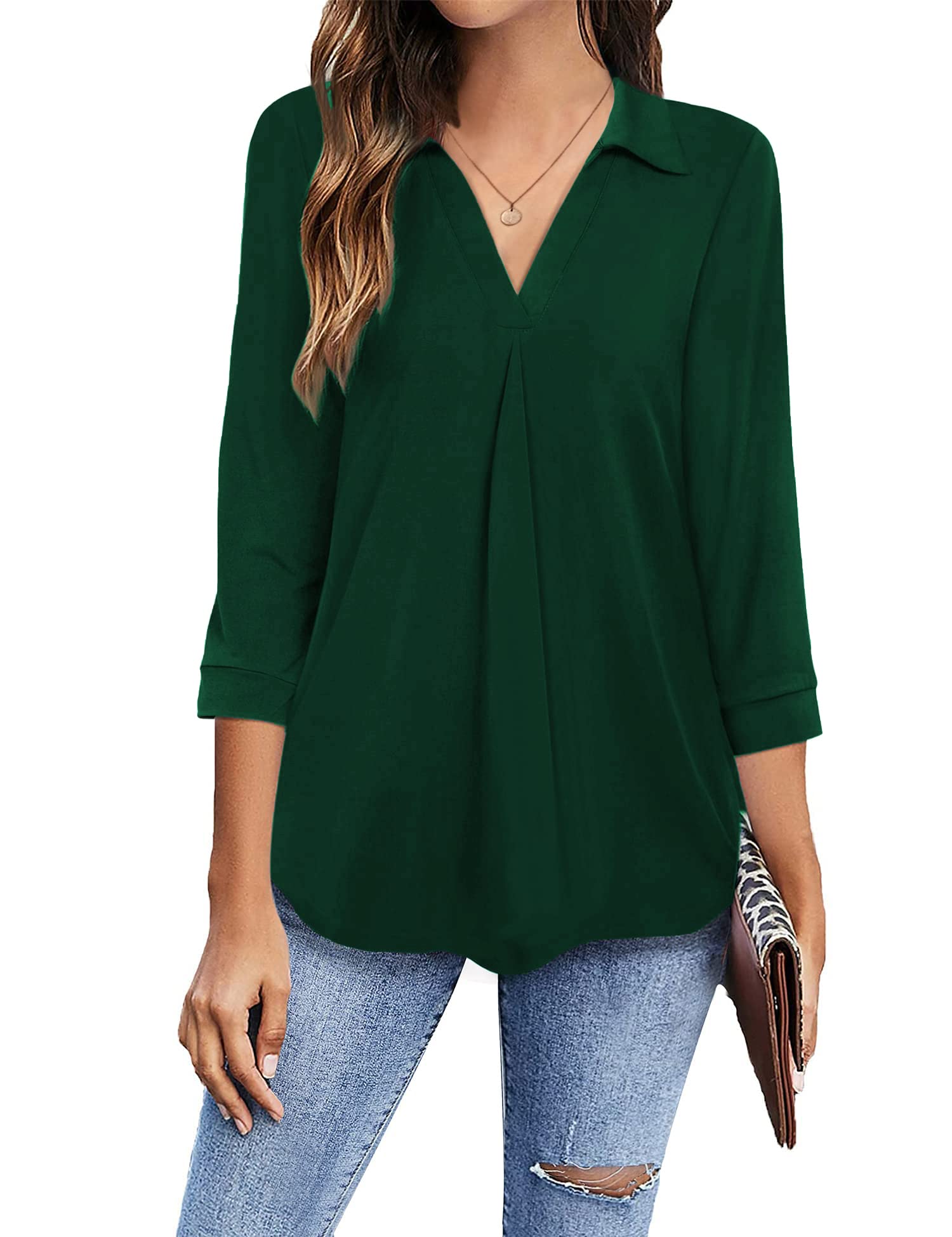 Womens Collared V Neck 3/4 Sleeve Shirts Business Casual Tops Loose Work Blouses (M-3XL)