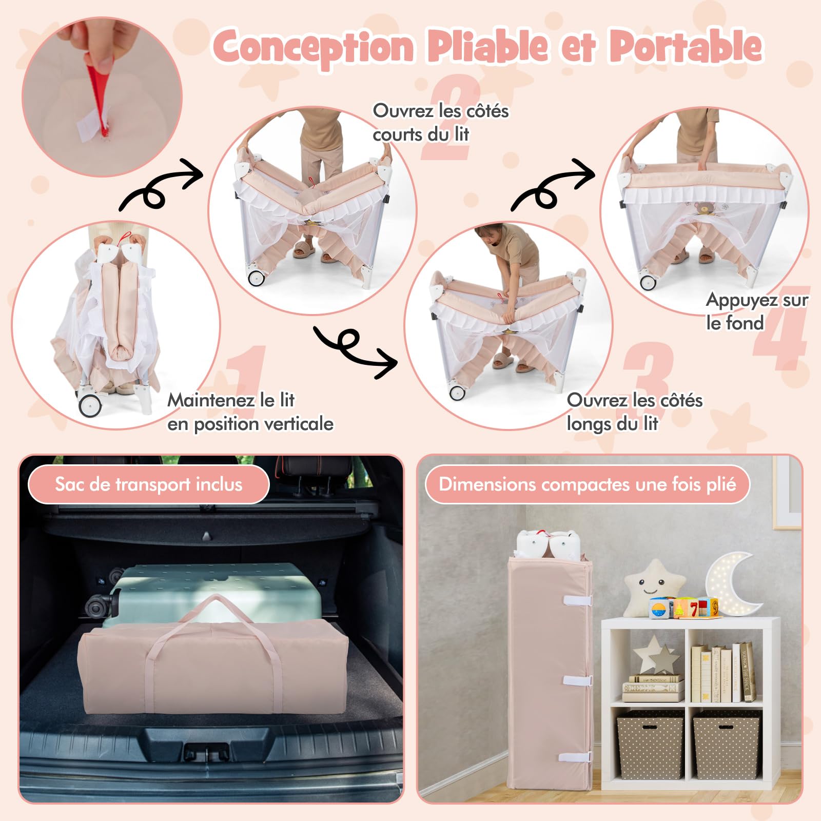 COSTWAY 4 en 1 Lit Parapluie Bébé avec Matelas et Filet Détachable, Lit Bébé Évolutif Pliable avec Table à Langer, Style Princesse, Boîte à Musique et Jouets pour Bébé de 0-3 Ans