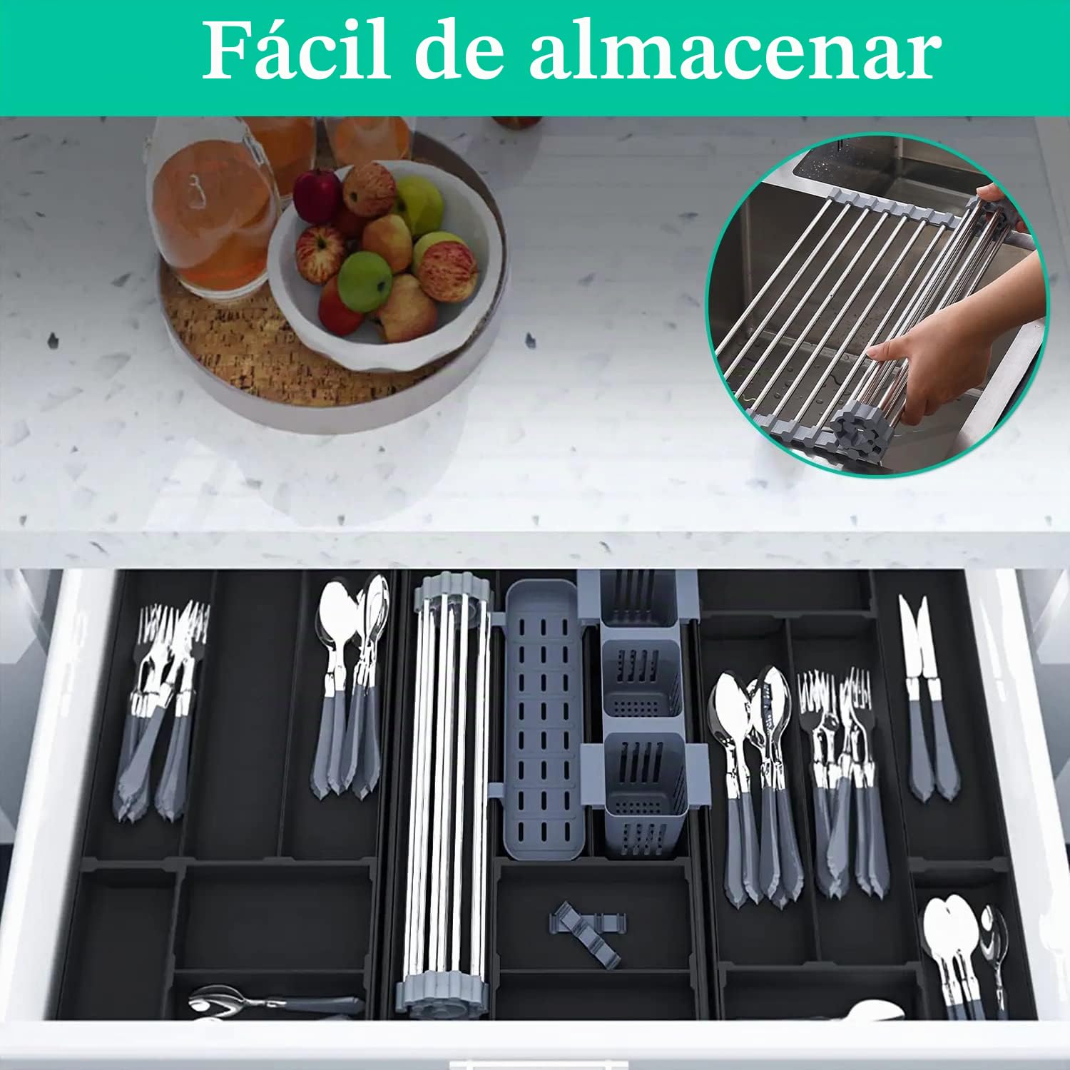 Puede expandir el Fregadero de la Cocina de la Bandeja de Secado de la Bobina por Encima de 12.6"-23.3", el Estante de Secado del Fregadero, el Drenaje del Carrete de Acero Inoxidable (Gris)