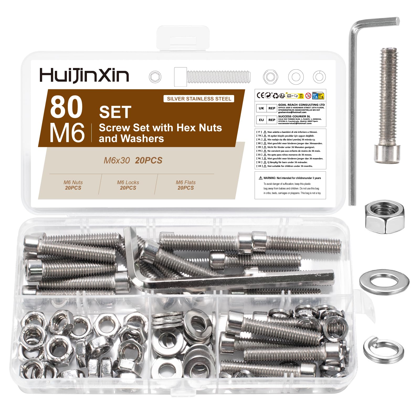 80 Pcs M6x30mm Bolts Set, Machine Screws Nuts and Bolts Assortment, Stainless Steel Hex Socket Head Cap Screws Bolts and Nuts Set, Hex Socket Screw with Lock & Flat Washers Sets