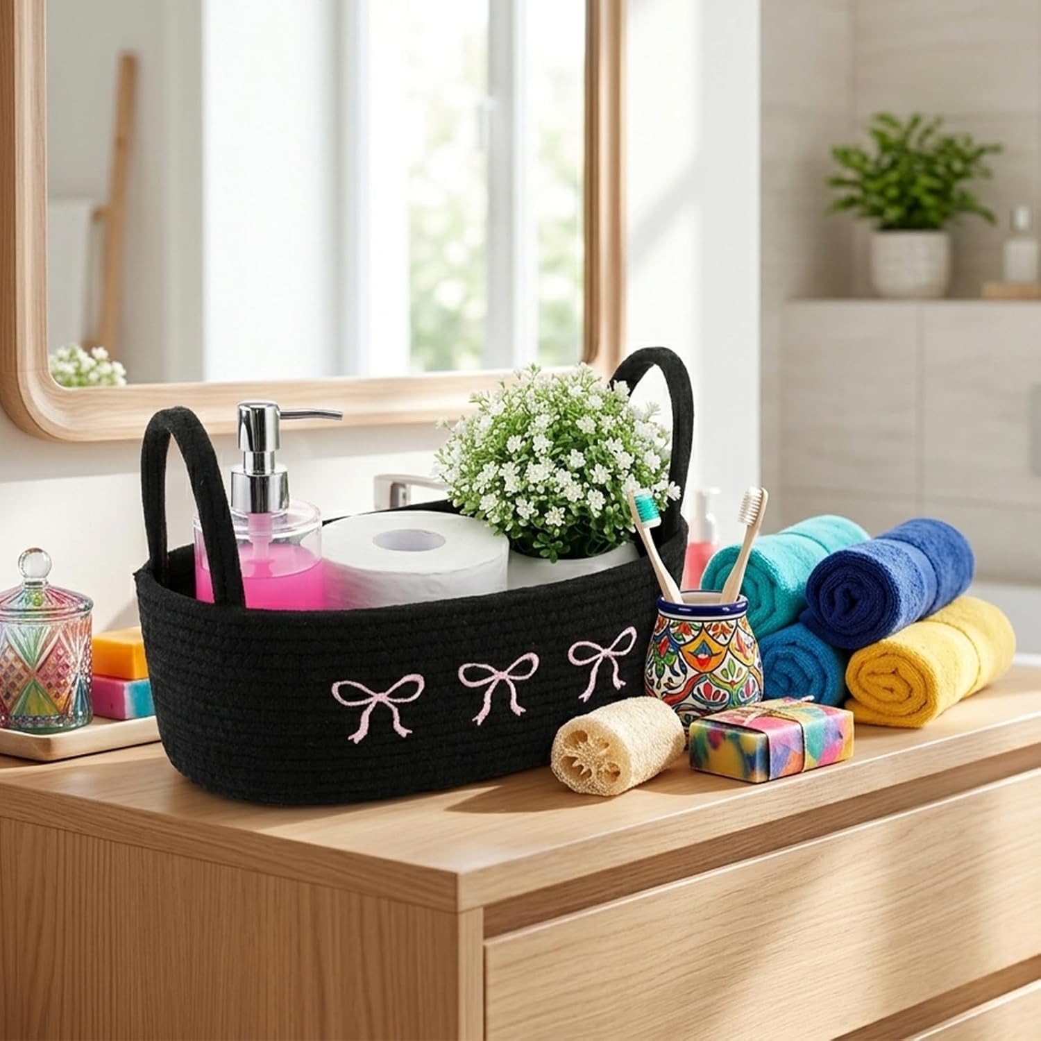 ShellKingdom Small Woven Toilet Paper Organizer for Back of Tank, Bathroom