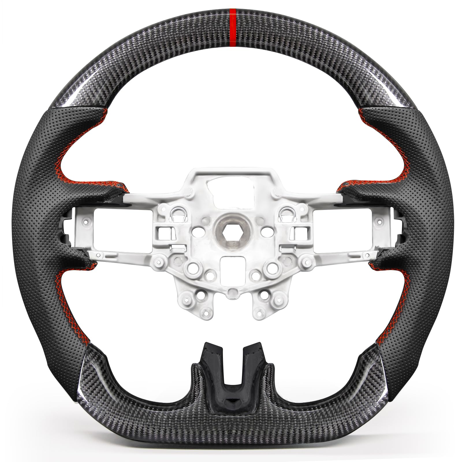 Real Carbon Fiber Steering Wheel for Ford Mustang 2015-2017, D-Shape Flat Bottom, Premium Nappa Leather with Red Stripe & Hand-Stitching, for V6/EcoBoost/GT/Shelby GT350&GT350R