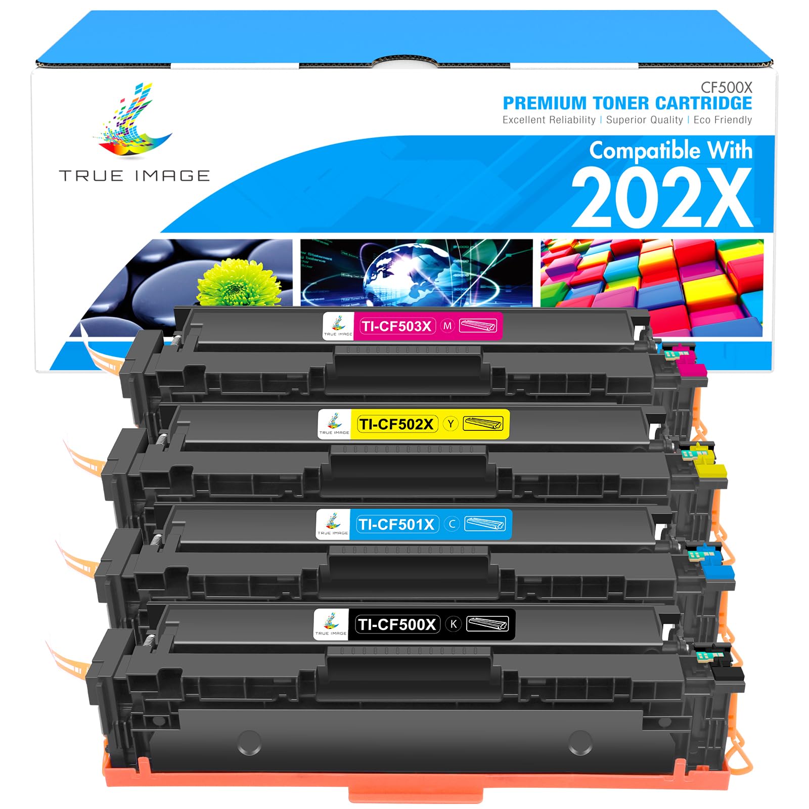 TRUE IMAGE Compatible Toner Cartridge Replacement for HP 202X CF500X CF500A 202A Color Laserjet Pro MFP M281fdw M281cdw M254dw M281fdn 281fdw M254 M281 Toner Printer (Black Cyan Yellow Magenta 4 Pack)