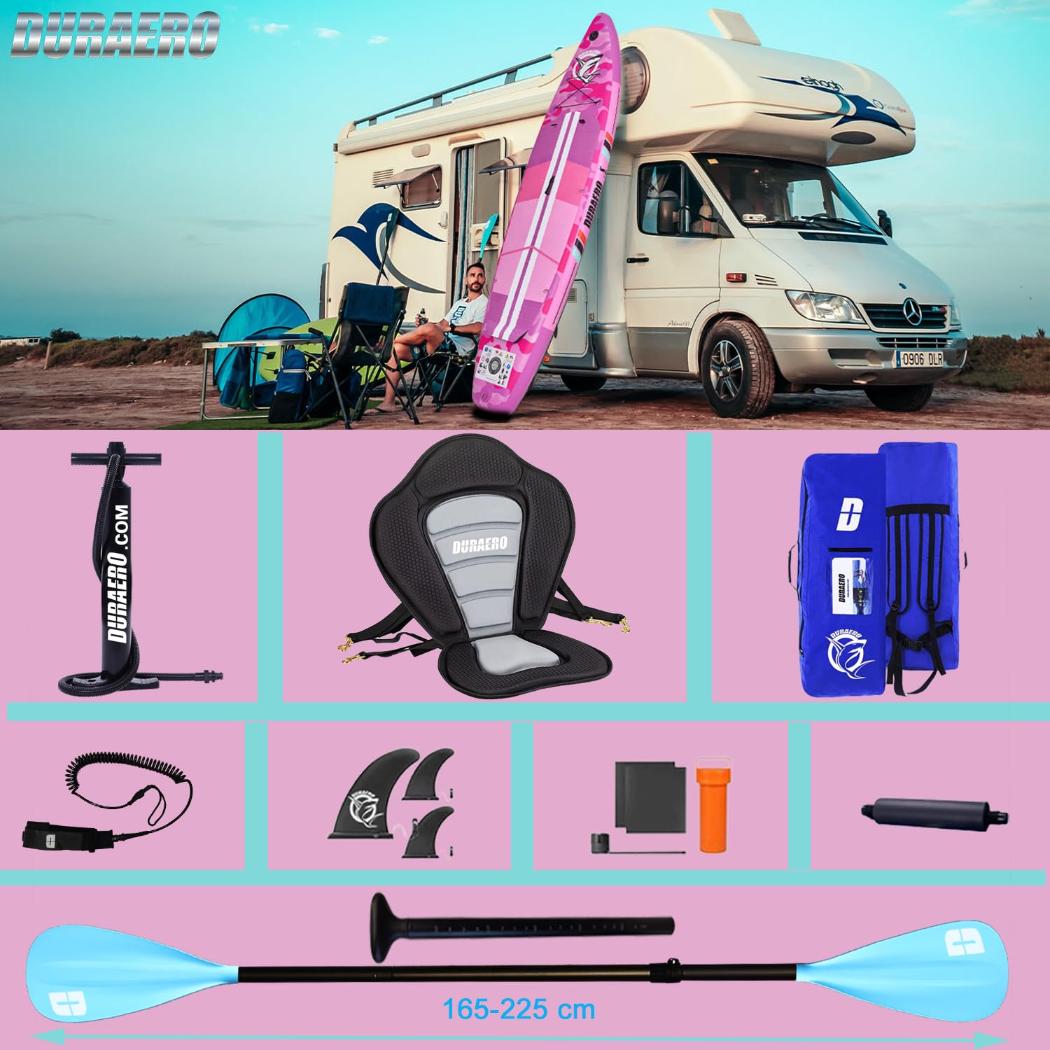 Tabla Hinchable de Paddle Surf con Asiento de Kayak, 330 x 76 x 15 cm, hasta 150 kg, Almohadilla Integrada, Aleta Desmontable, Doble Remo Ajustable, Kit de Reparación, Pink