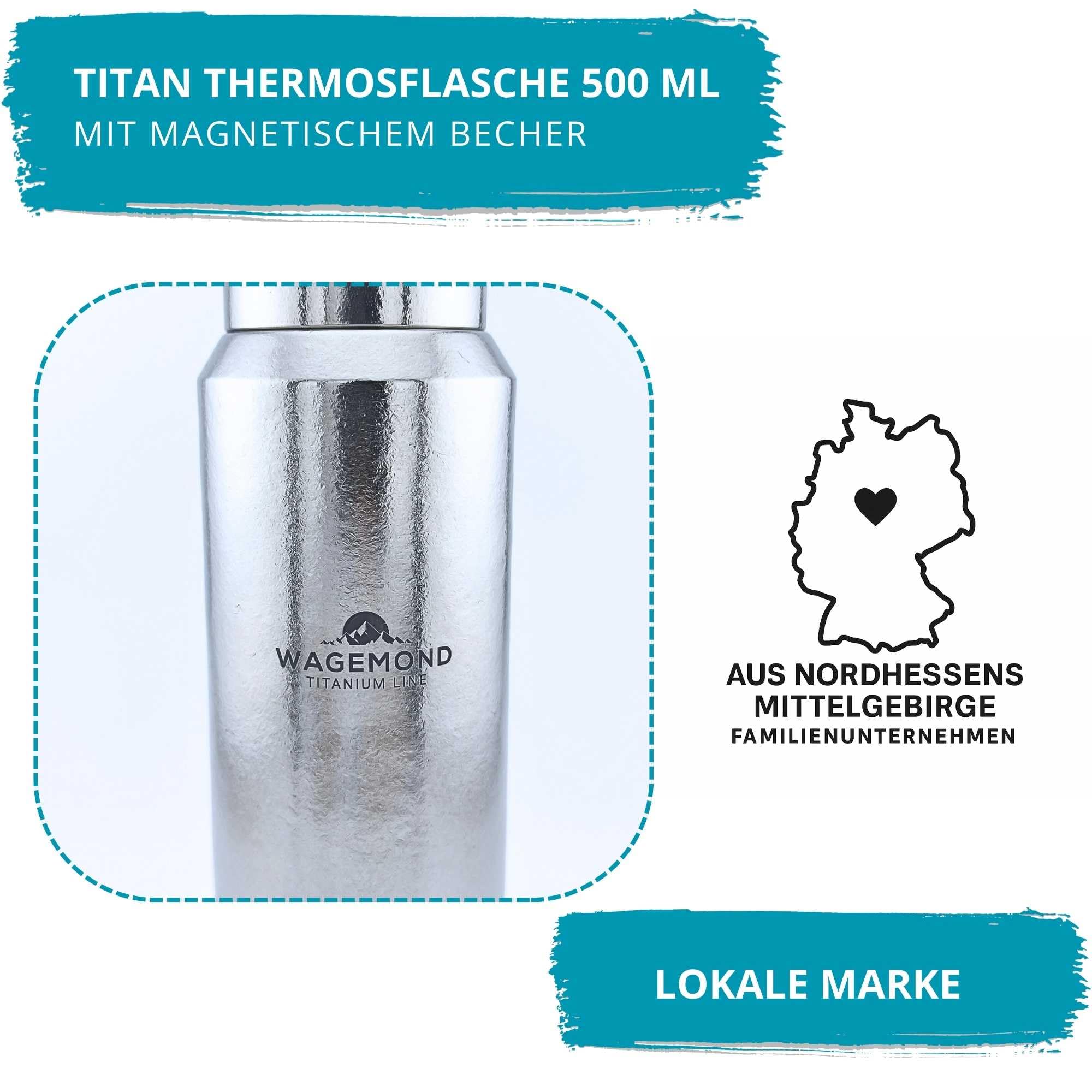 Titan Thermosflasche 500 ml – ultraleicht & doppelwandig isoliert, 100% Titan, BPA-frei – mit magnetischem Becher, Teesieb, Schutzhülle & Reinigungsbürste – Outdoor, Camping, Büro