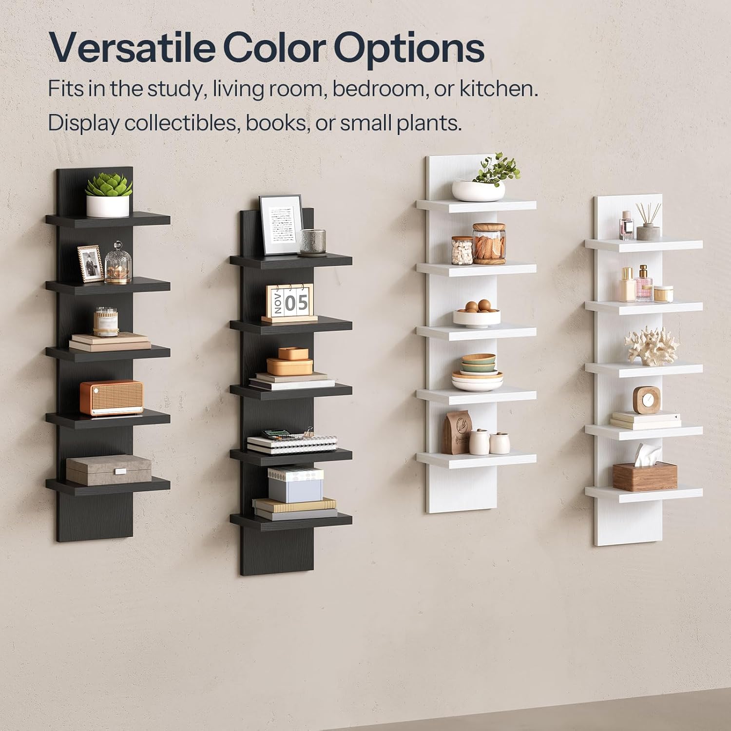 HOOBRO 5 Tier Wall Shelf Unit, 2 Pack Floating Shelves Wall Mounted, Wall Mount Vertical Shelving, Floating Storage Rack, Organizer Tall Tower Design for Livingroom, Bedroom, Kitchen, White WT18BJP201