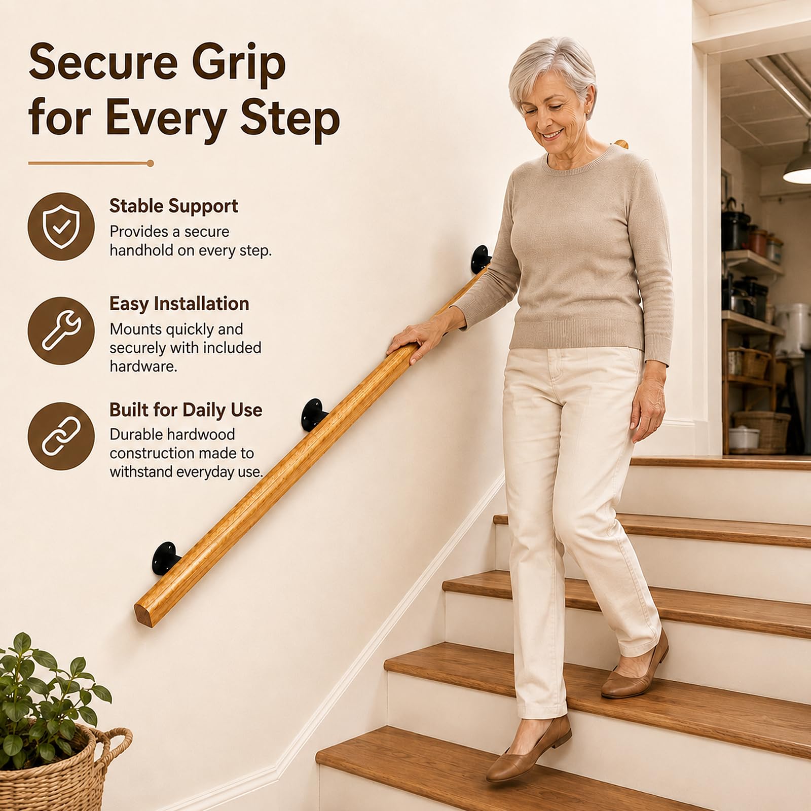 Wooden Handrails for Stairs Non-Slip Stair Banister with Brackets, 360cm - Image 3