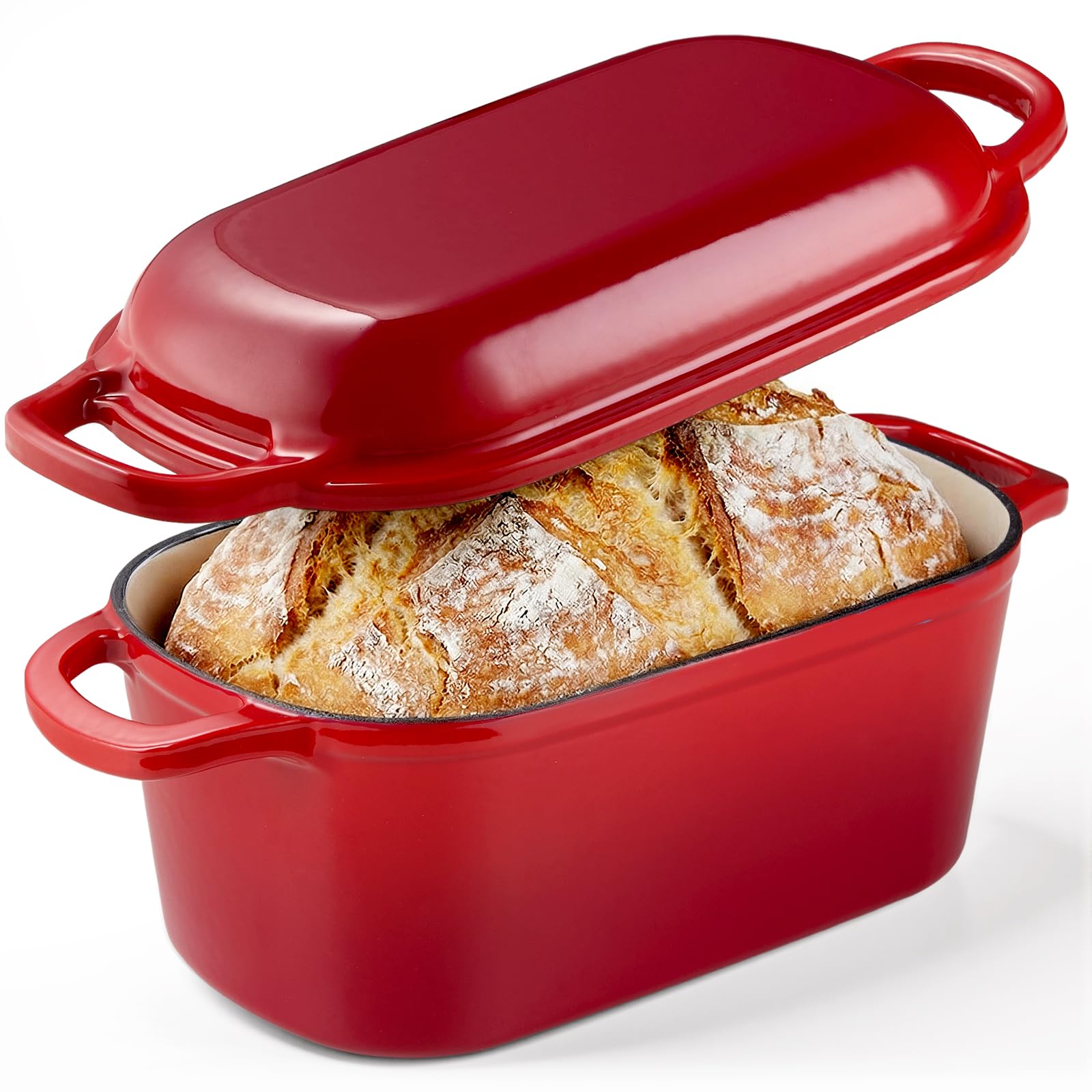 Komore Dutch Oven for Bread Making, 3.8L Enameled Cast Iron Pot with Lid for Sourdough Bread, Roasting, Braising & Frying - Oven Safe up to 500°F, Non Stick, 28cm (Red)