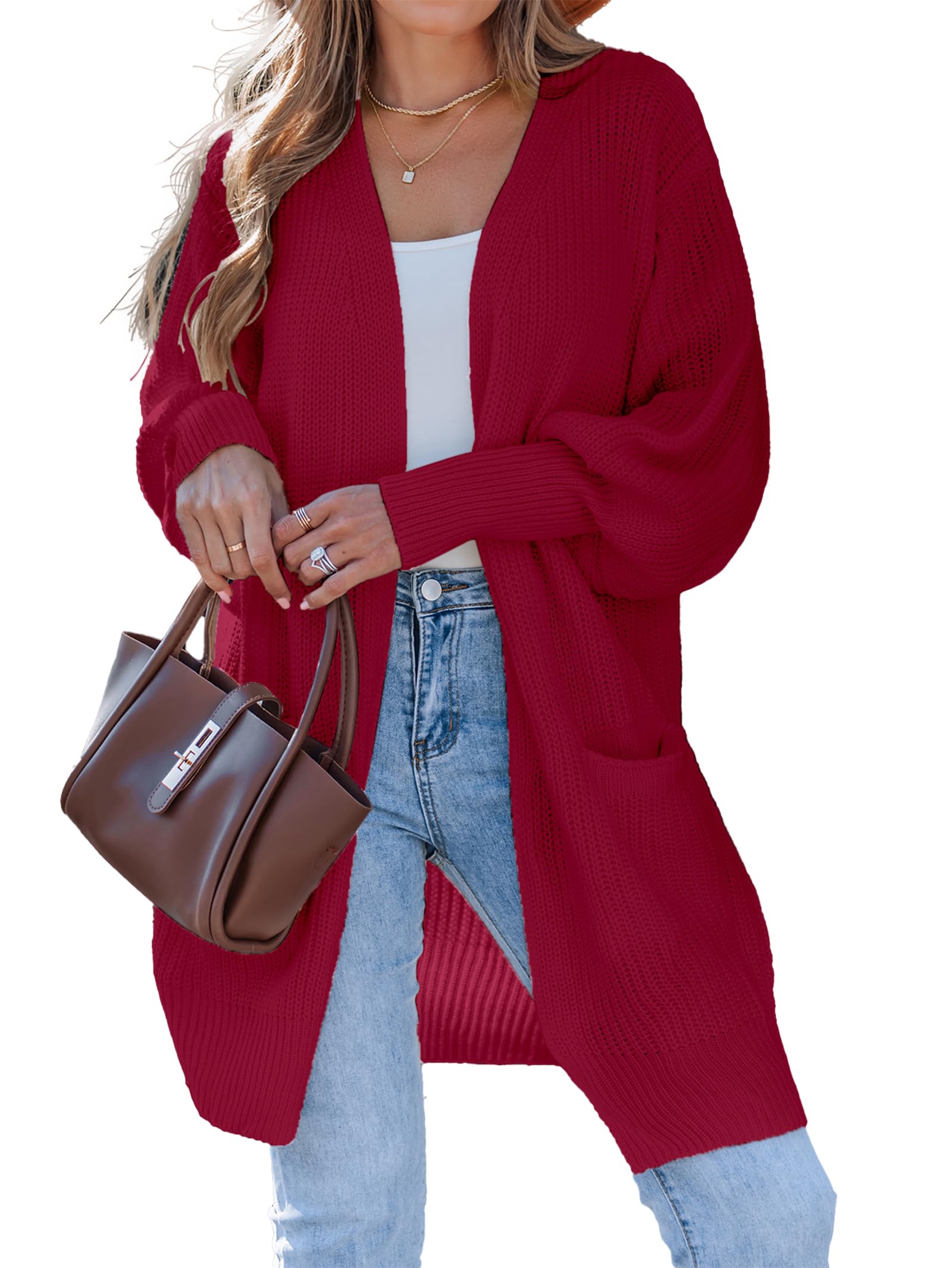 SunnyMelody Womens Oversized Open Front Pocket Long Sleeve Cardigan Fall 2025 Trendy Casual Ribbed Knit Sweaters Cardigans